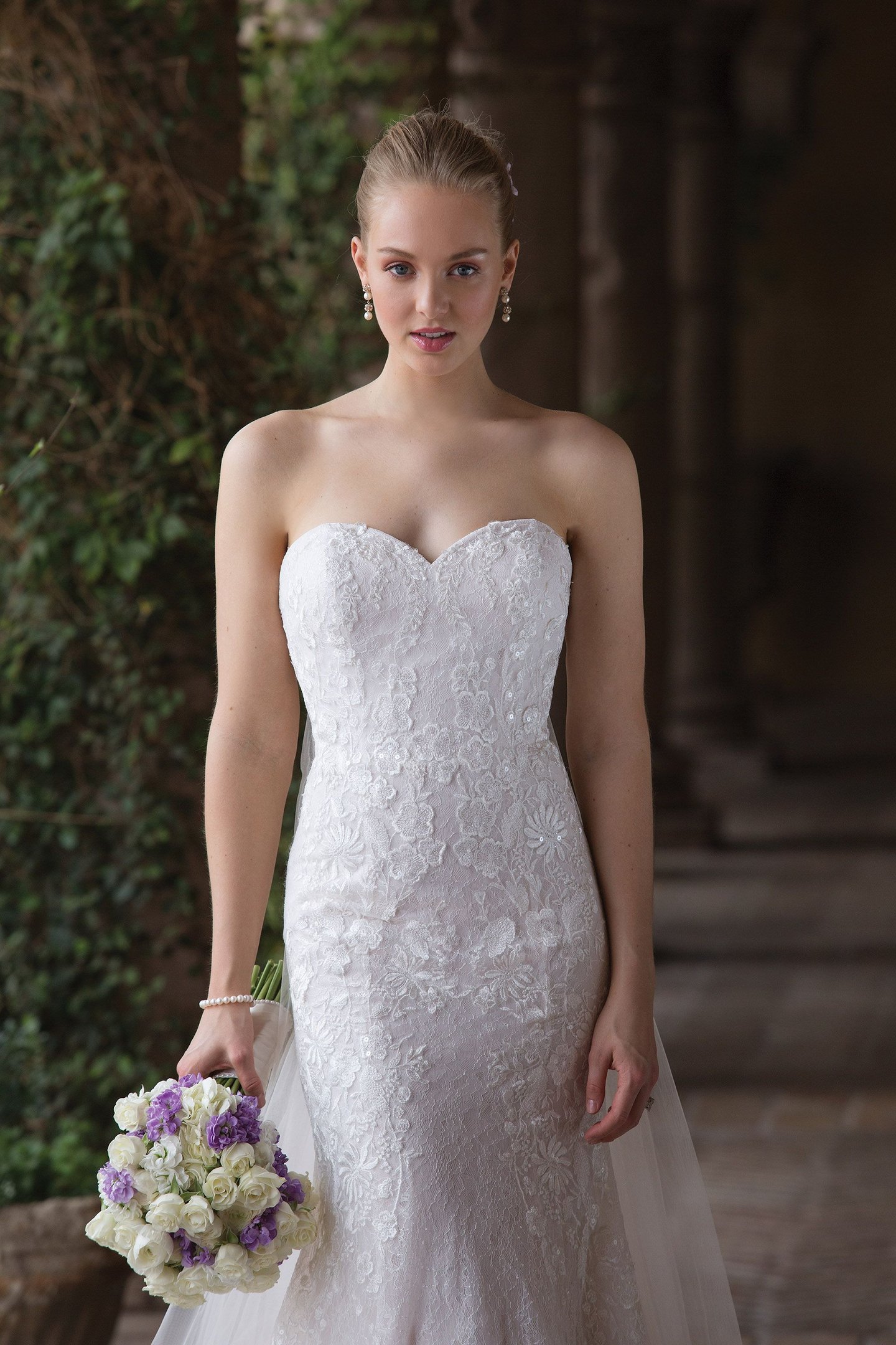 Sincerity Bridal Chantilly Lace Fit and Flare Dress with Detachable Train
