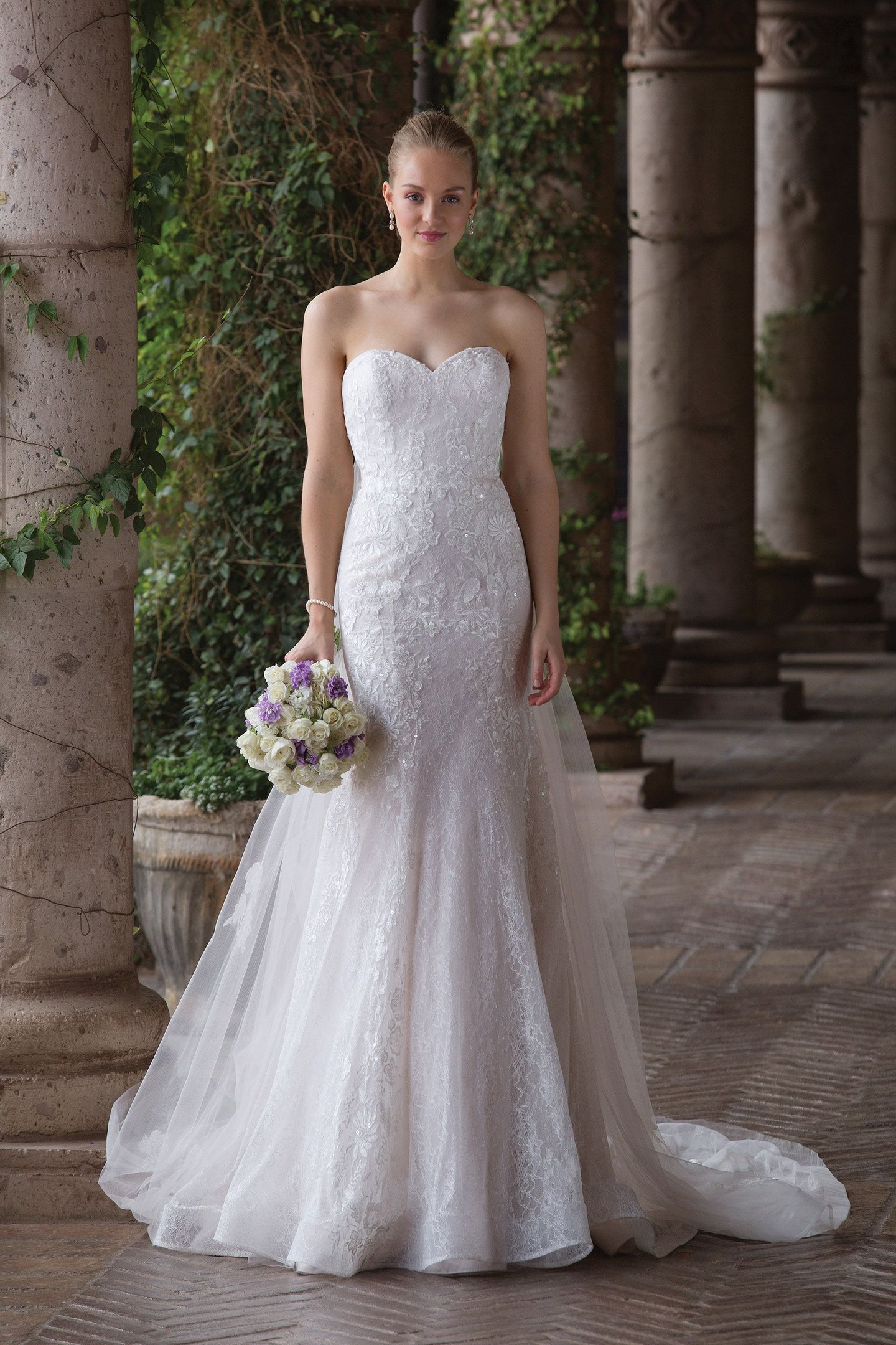 Sincerity Bridal Chantilly Lace Fit and Flare Dress with Detachable Train