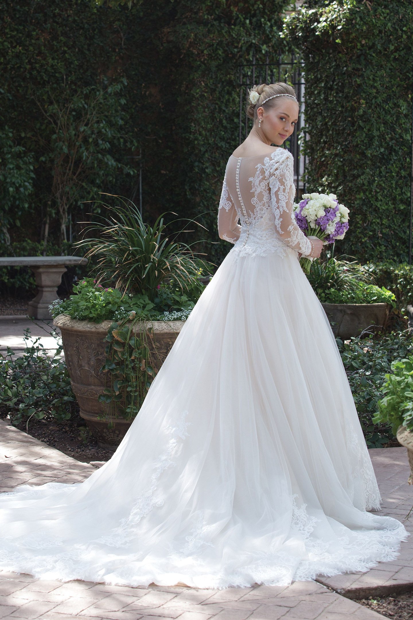 Sincerity Bridal Plunging Neckline Tulle Ball Gown with Illusion Lace Sleeves