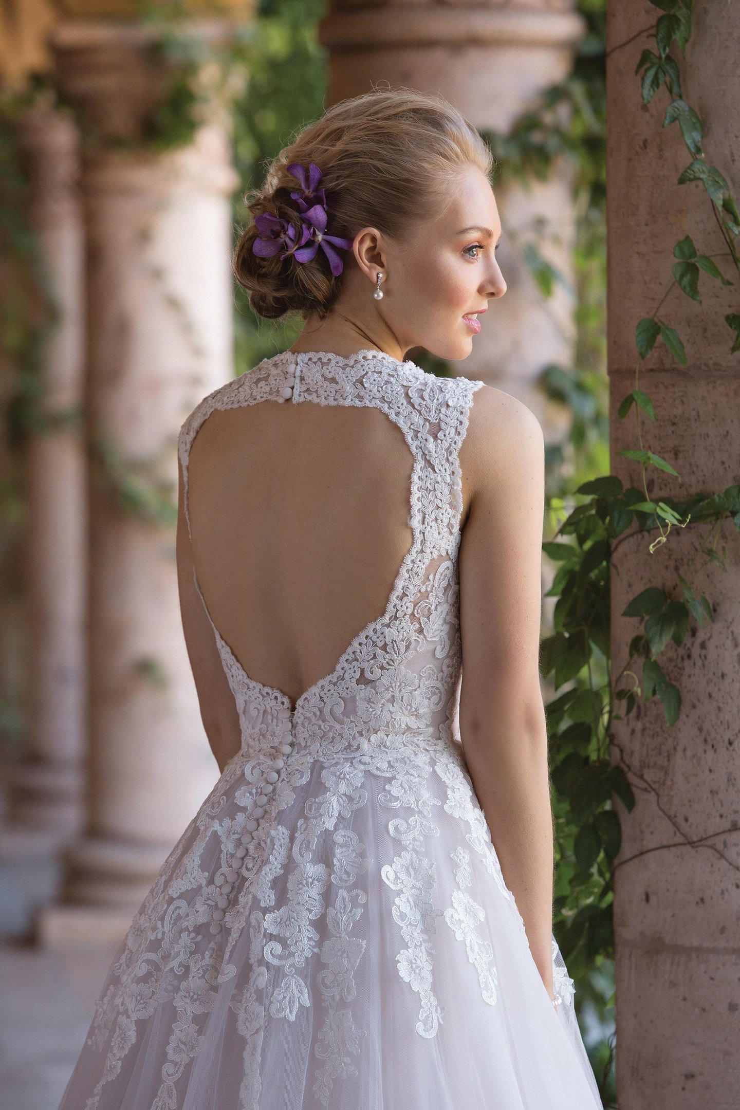 Sincerity Bridal Ball Gown with Cascading Floral Lace Appliqués and Keyhole Back