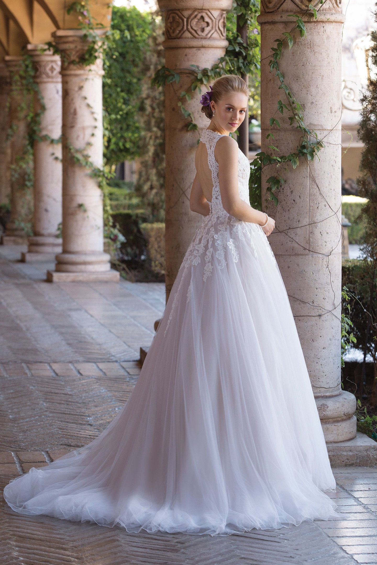 Sincerity Bridal Ball Gown with Cascading Floral Lace Appliqués and Keyhole Back