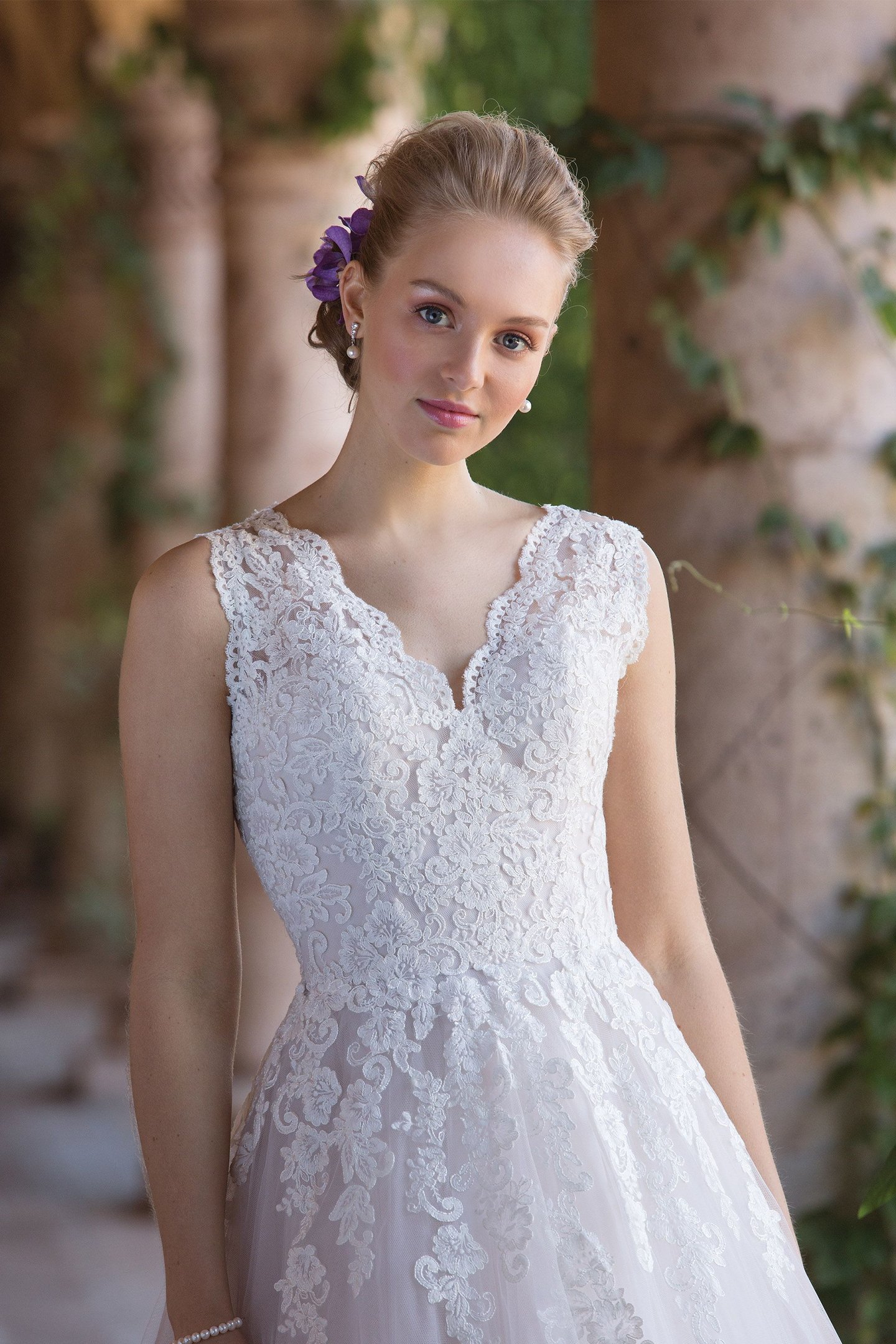 Sincerity Bridal Ball Gown with Cascading Floral Lace Appliqués and Keyhole Back