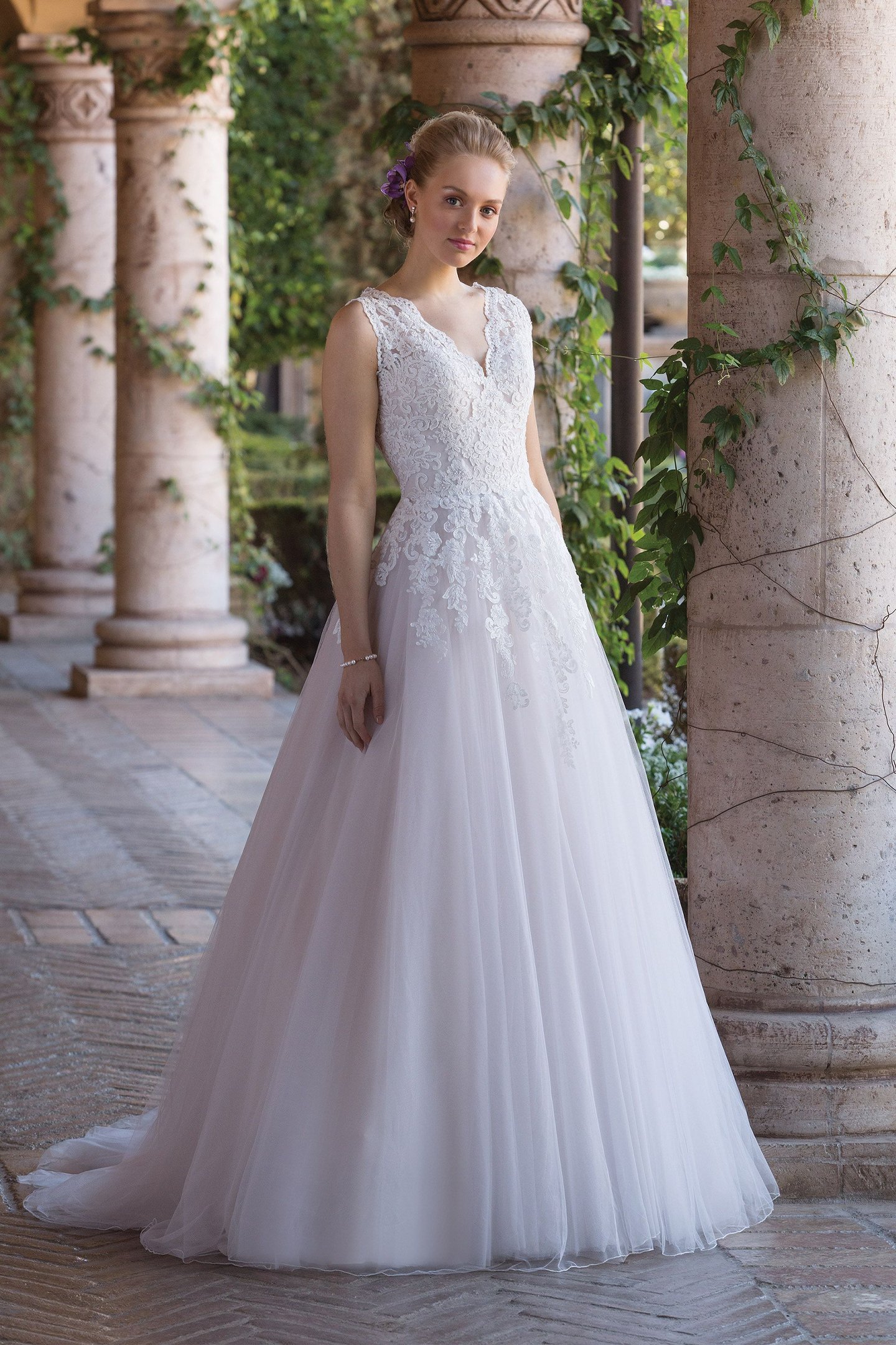 Sincerity Bridal Ball Gown with Cascading Floral Lace Appliqués and Keyhole Back