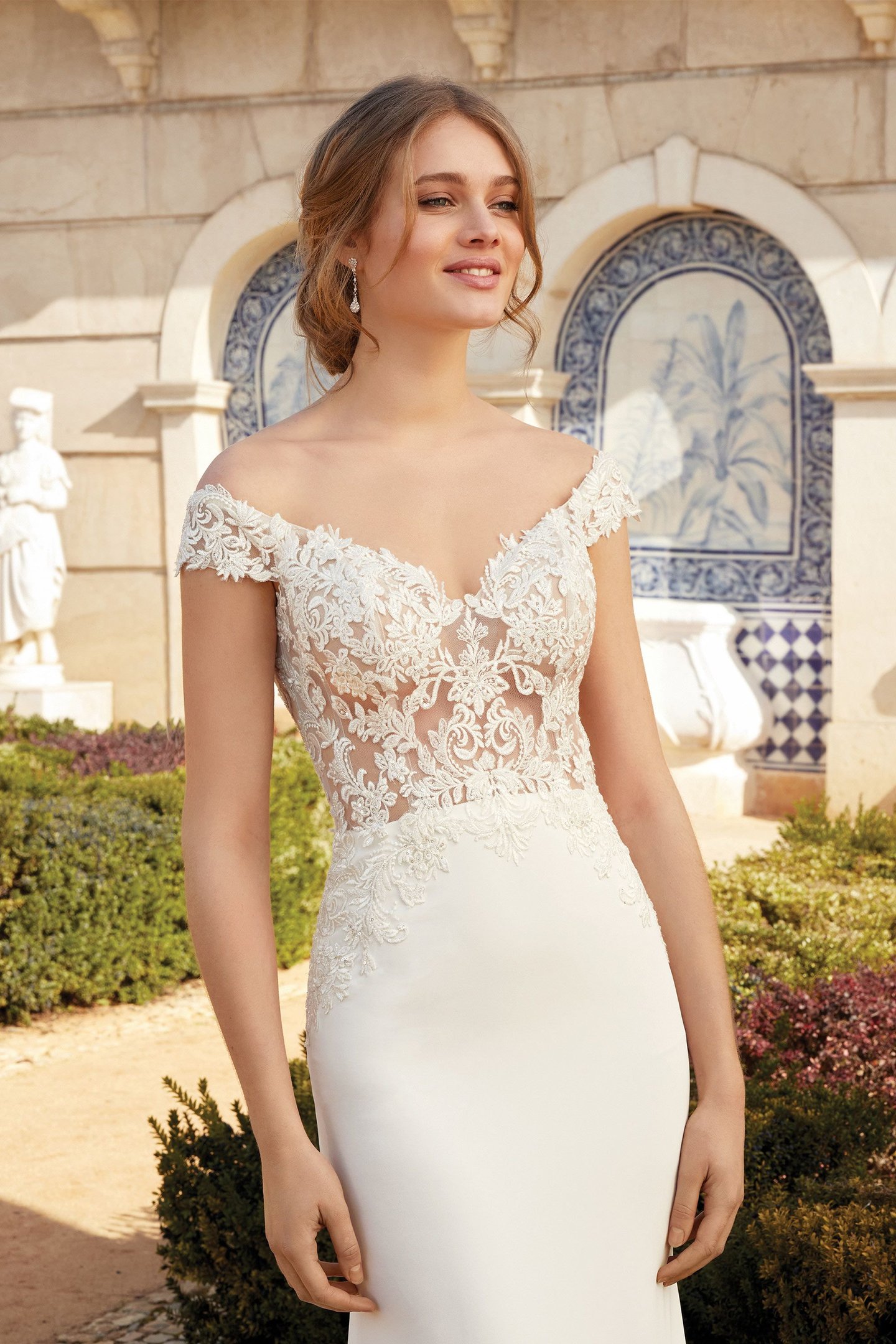 Sincerity Bridal Style 44237 Off the Shoulder Crepe Fit and Flare Wedding Dress