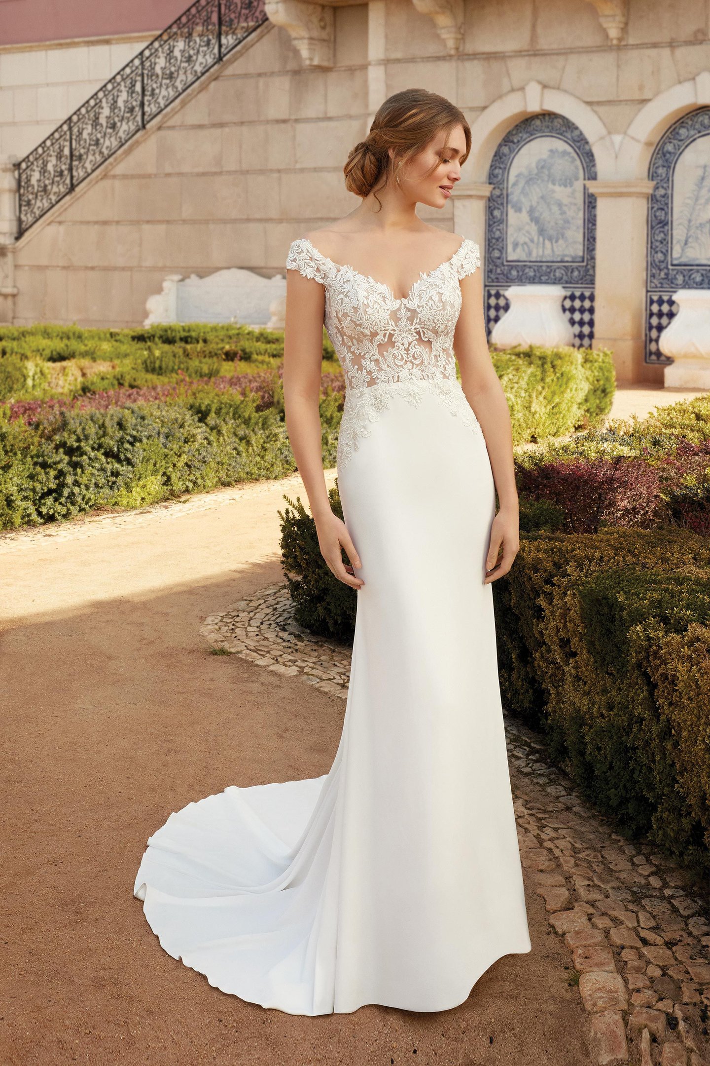 Sincerity Bridal Style 44237 Off the Shoulder Crepe Fit and Flare Wedding Dress