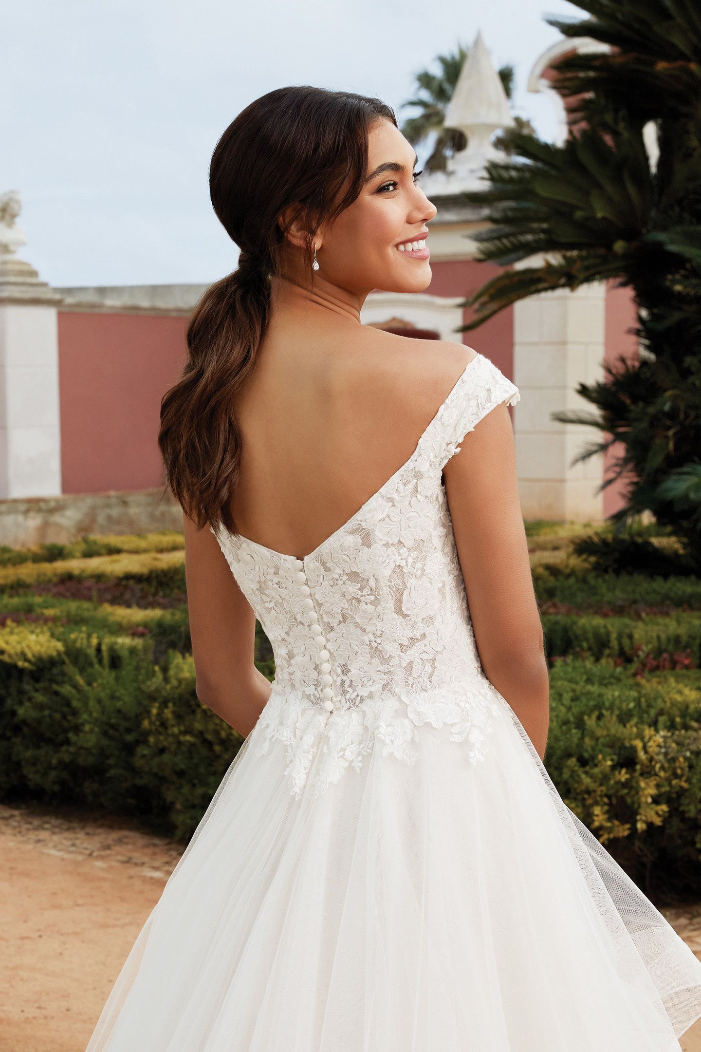 Sincerity Bridal Style 44248 Tiered Ruffle Skirt Ball Gown with Plunging Portrait Neckline