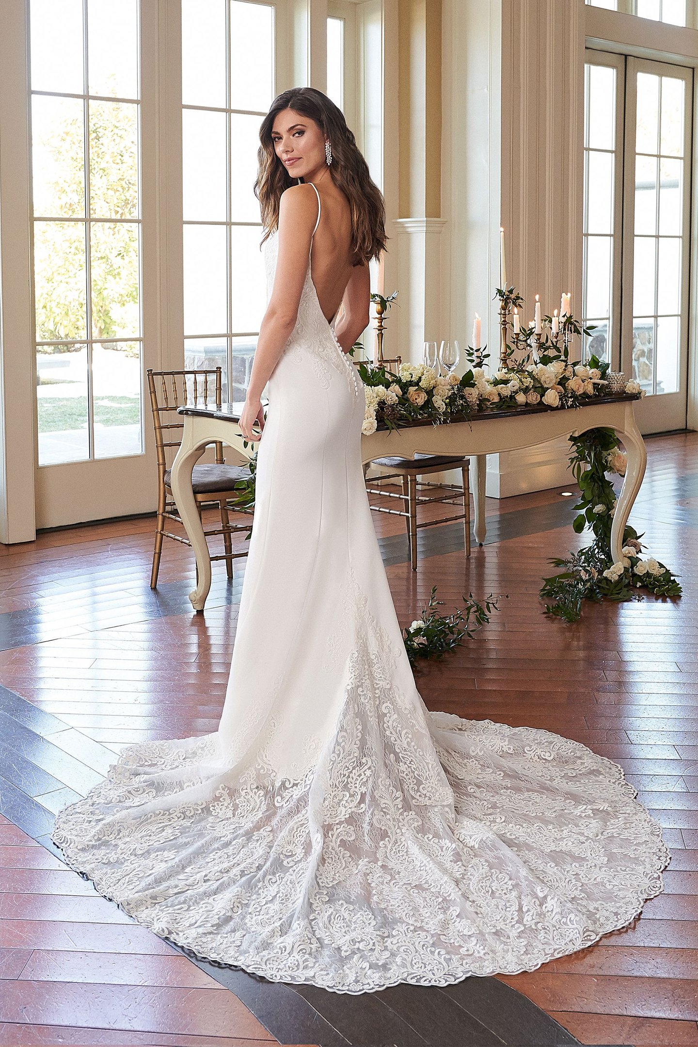 Sincerity Bridal Style 44293 Bikini Neck Fit and Flare Dress with Low Back and Illusion Train