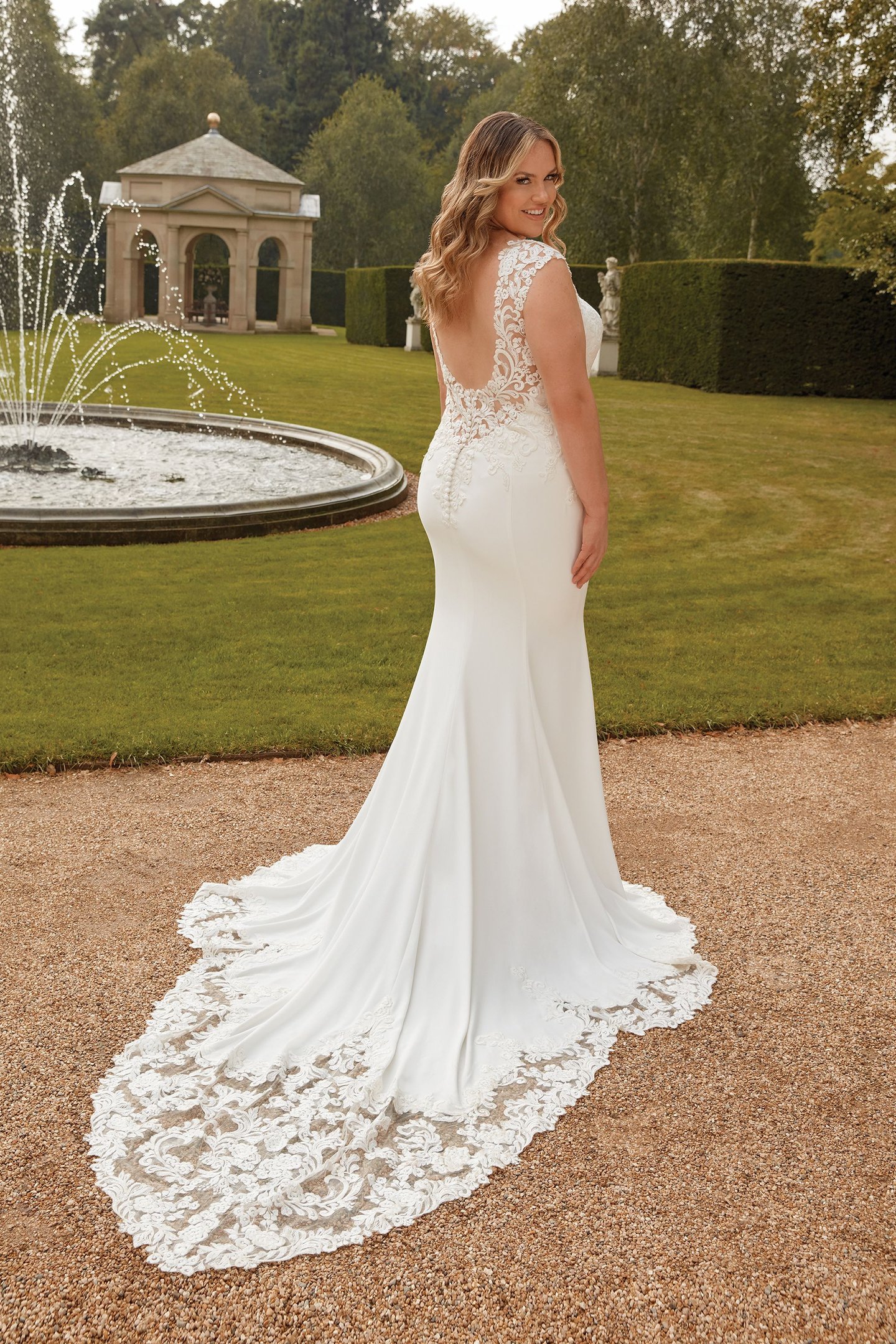 Sinceriy Bridal Style 44297PS Plus Size Crepe Fit and Flare Dress with Cutout Train