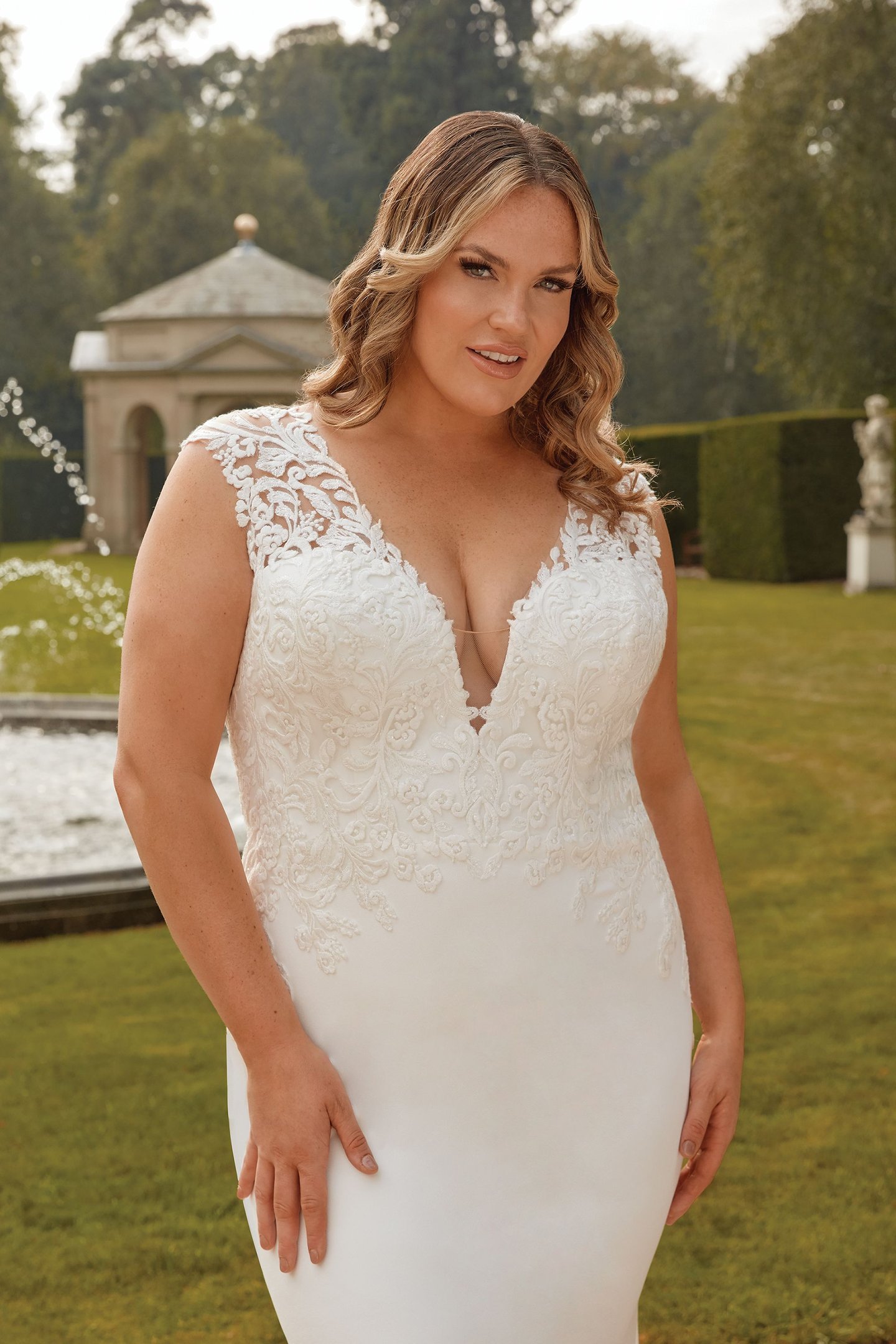 Sinceriy Bridal Style 44297PS Plus Size Crepe Fit and Flare Dress with Cutout Train