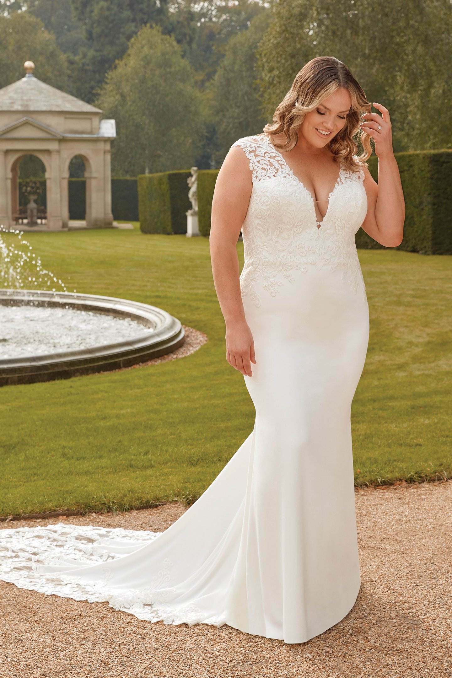 Sinceriy Bridal Style 44297PS Plus Size Crepe Fit and Flare Dress with Cutout Train