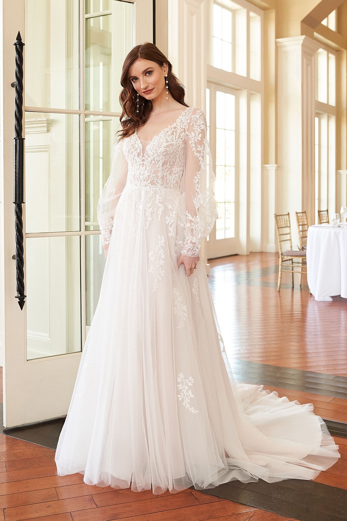 Sincerity Bridal Style 44308 Sequined Lace A-Line Dress with Blouson Sleeves