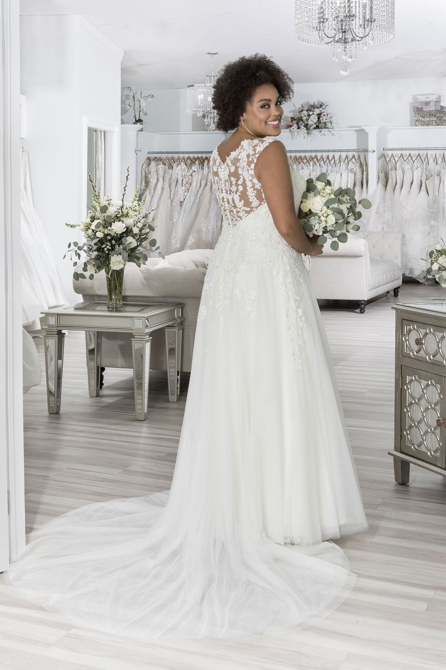 44203PS: Beaded Plus Size A-Line Dress with Sabrina Neckline