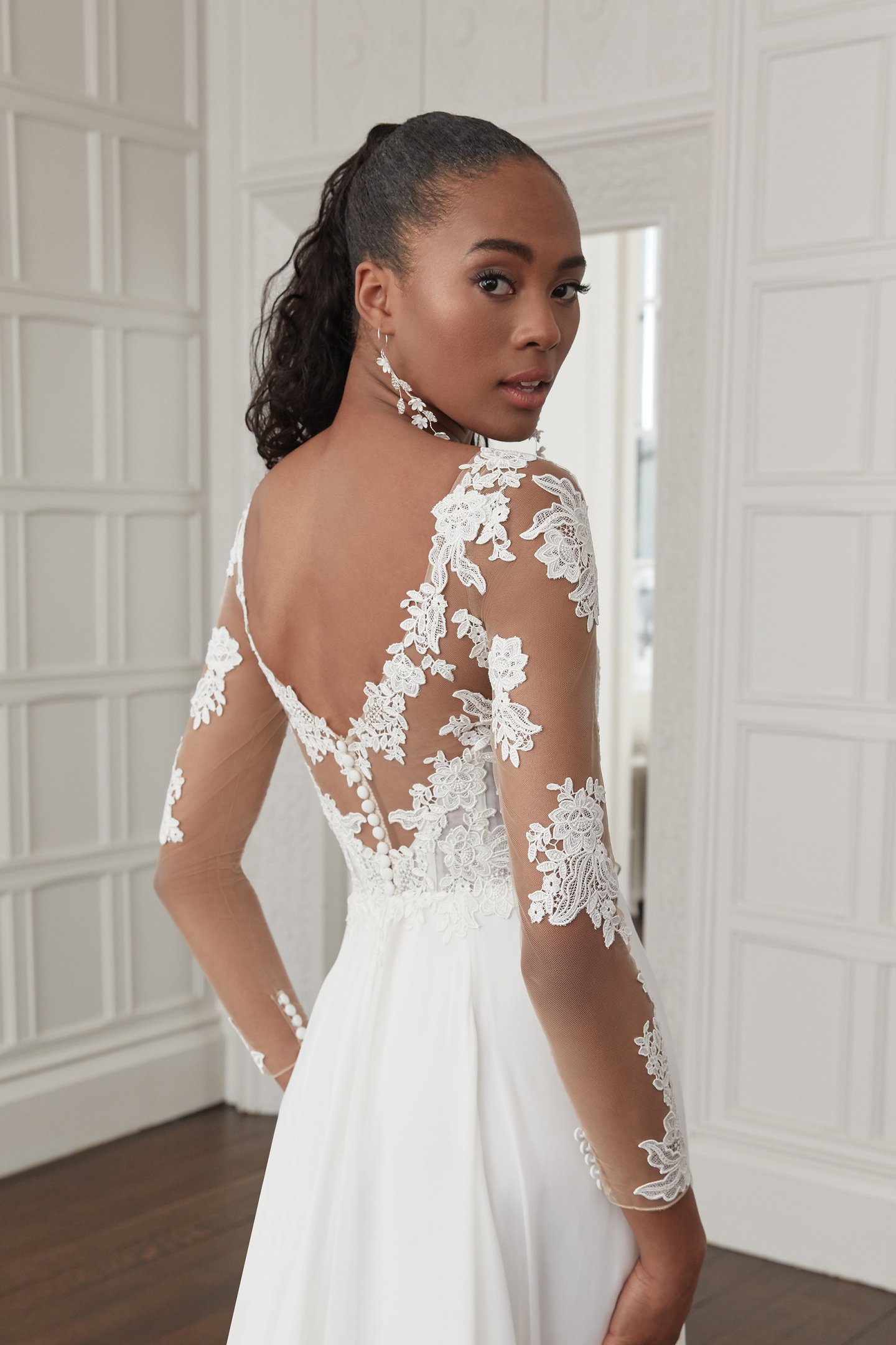 Sincerity Bridal Style 44353 Long Sleeve Chiffon A-Line Dress with Illusion Sabrina Neckline