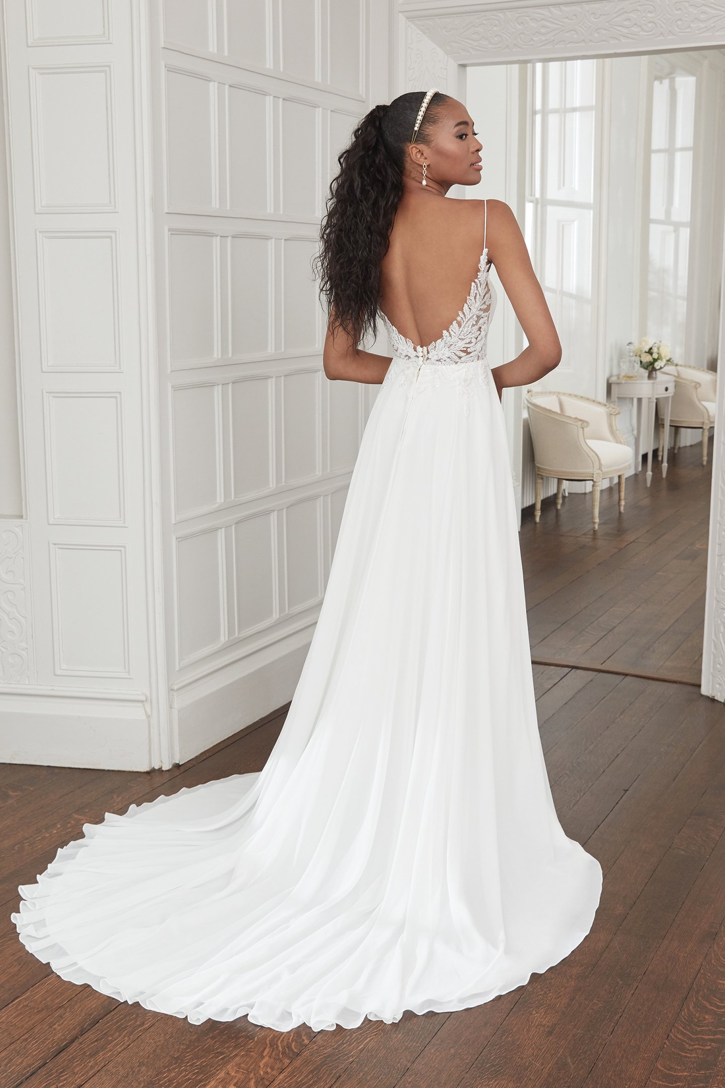 Sincerity Bridal Style 44356 Chiffon A-Line Gown with Bikini Neckline and Beaded Back