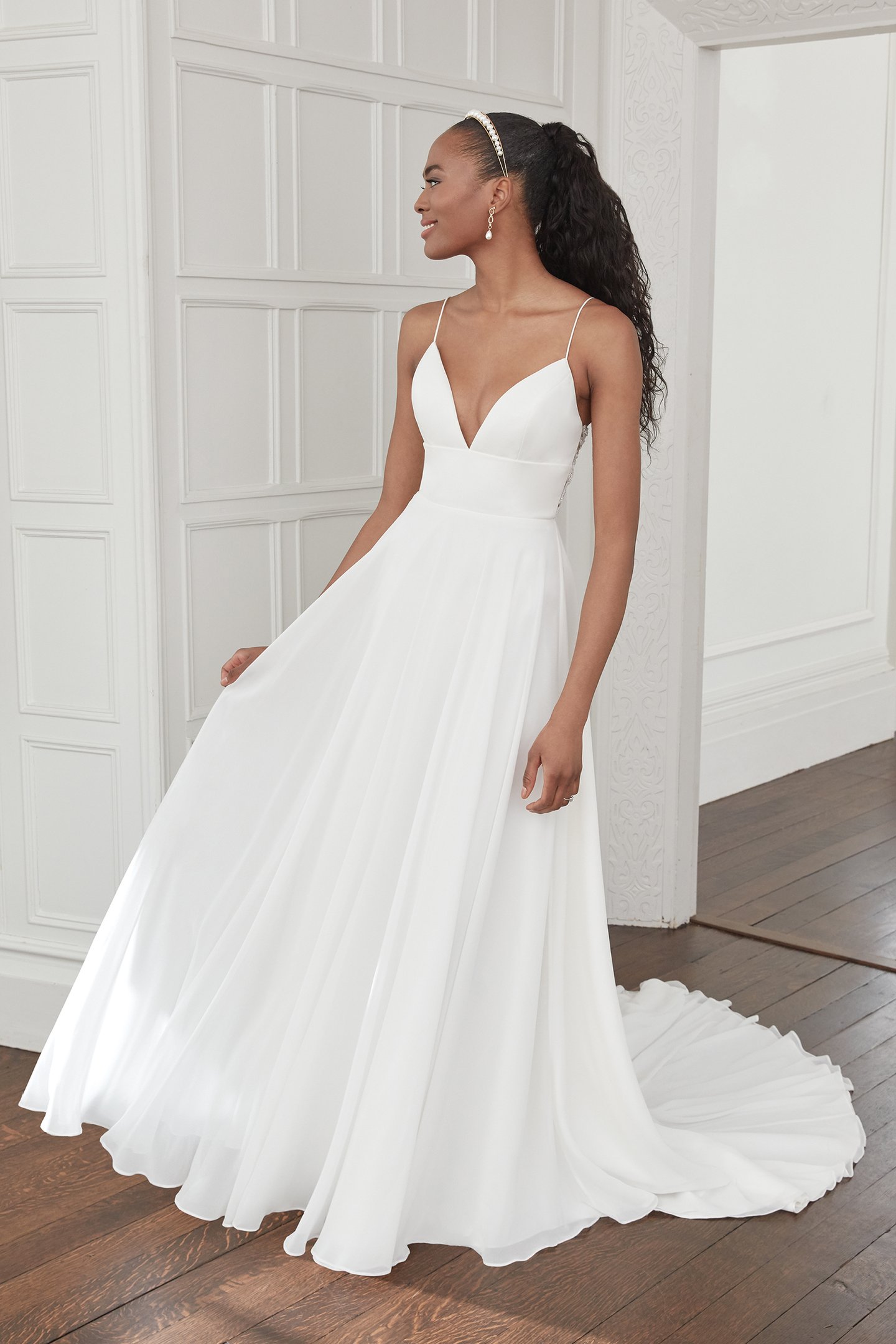 Sincerity Bridal Style 44356 Chiffon A-Line Gown with Bikini Neckline and Beaded Back