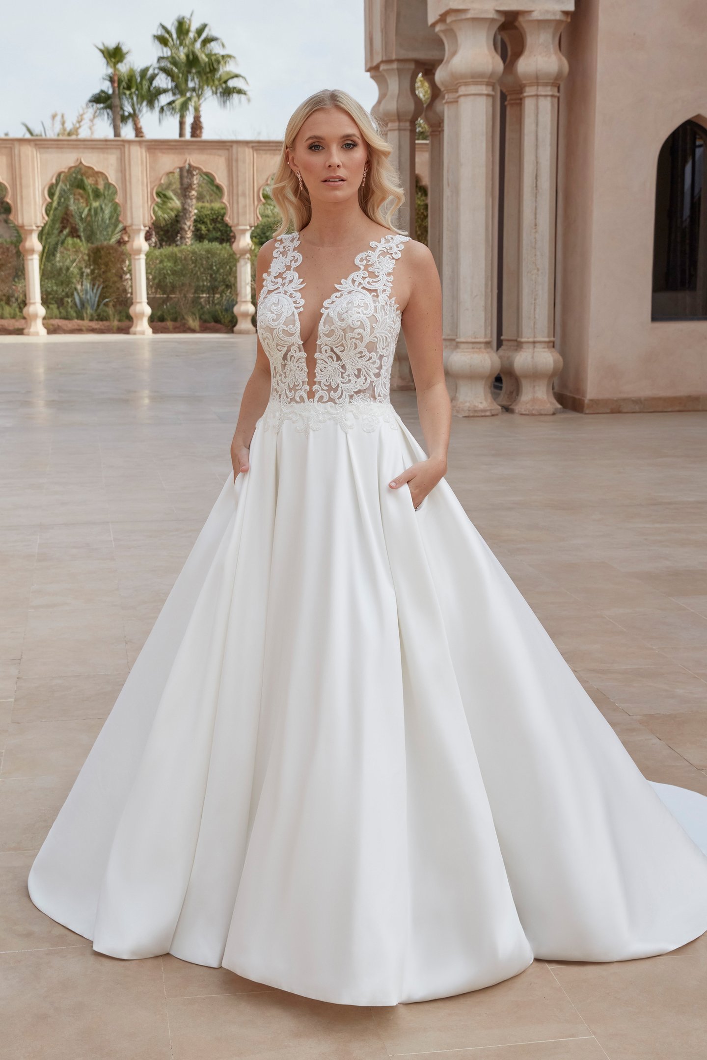 Sincerity Bridal Style 44433 Mikado Ball Gown with Plunging Illusion Sabrina Neckline