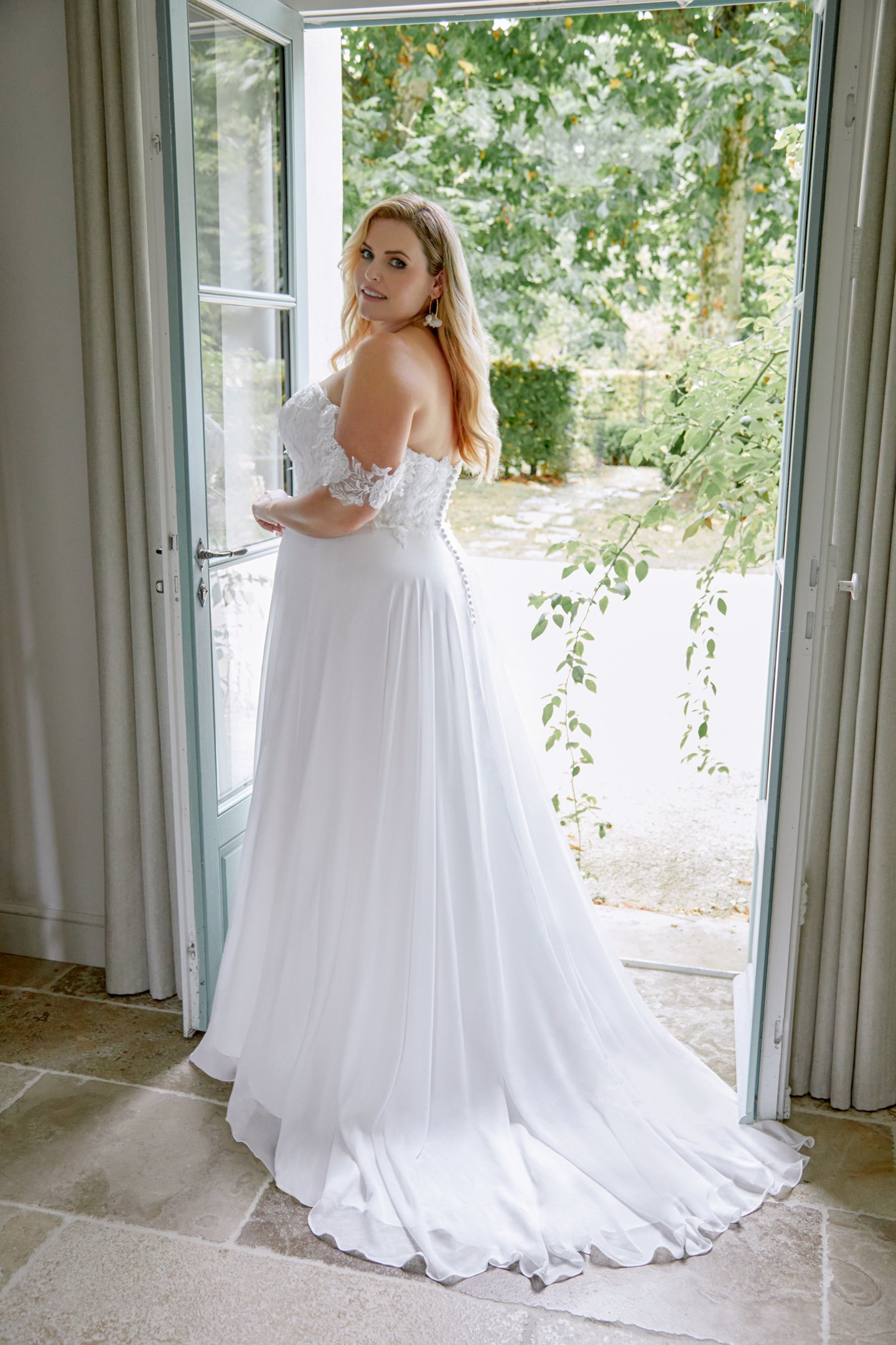 Sincerity Bridal Style44485PS Plus Size A-Line Chiffon Gown with 3D Appliqués and Embroidered Lace