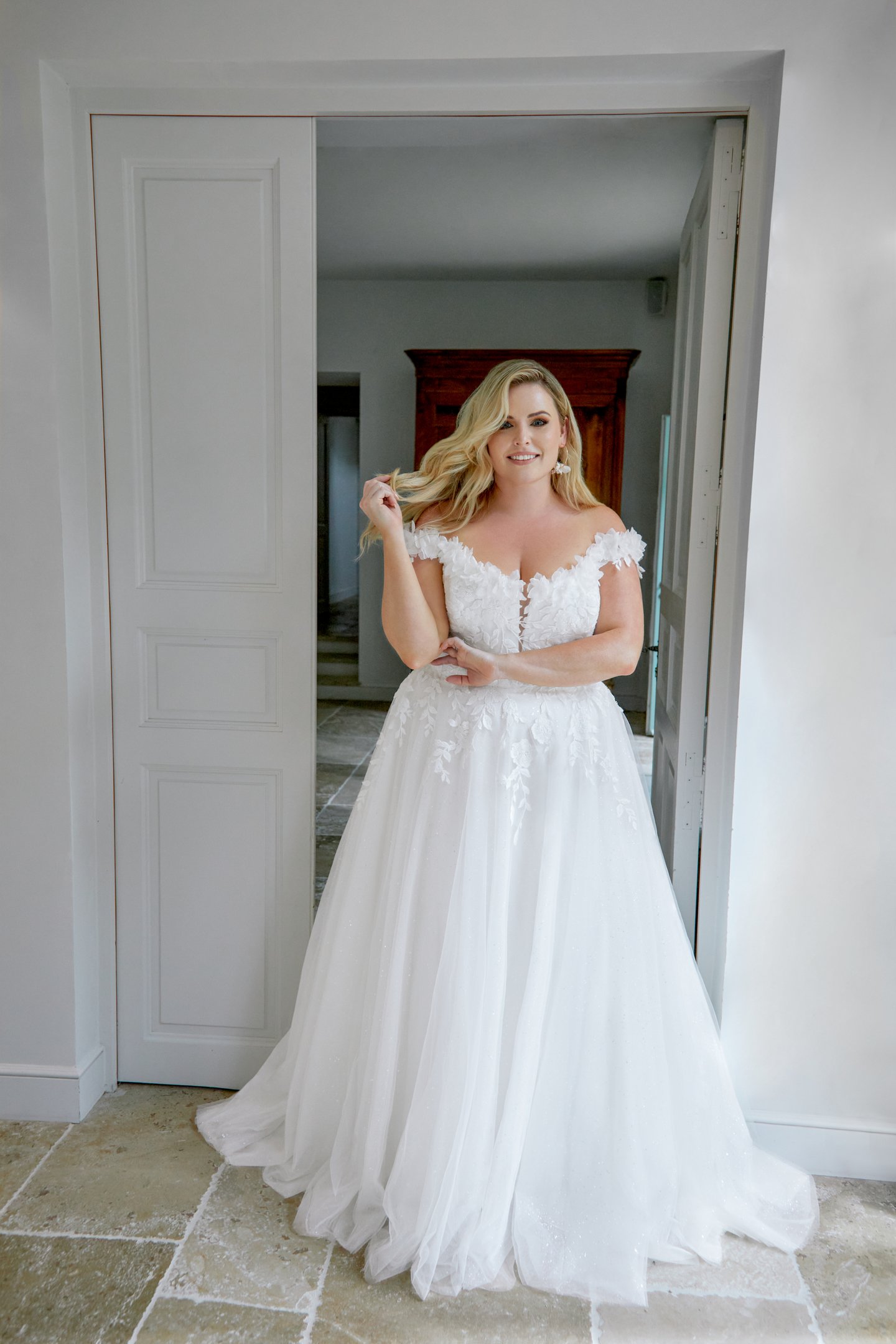 Sincerity Bridal Style44500PS Plus Size Tulle A-Line Gown with 3D Floral Appliqués and Plunging Notch Neckline