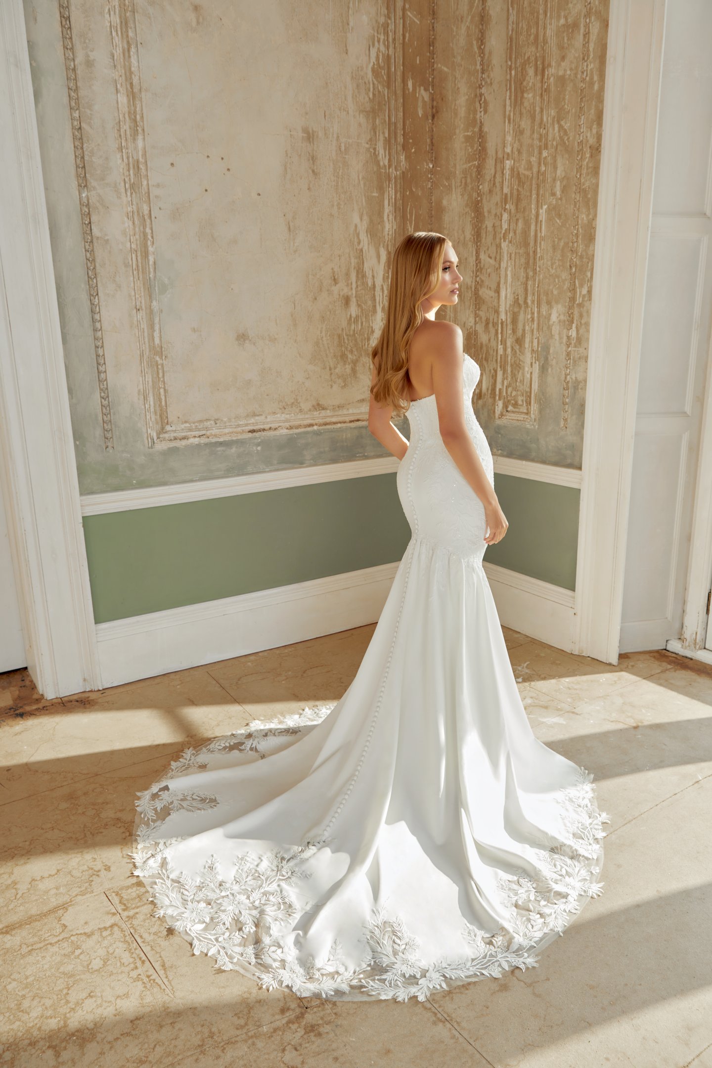 Sincerity Bridal Style 44537 Stretch Crepe Fit and Flare Gown with Lace Appliqués and Cut Out Train