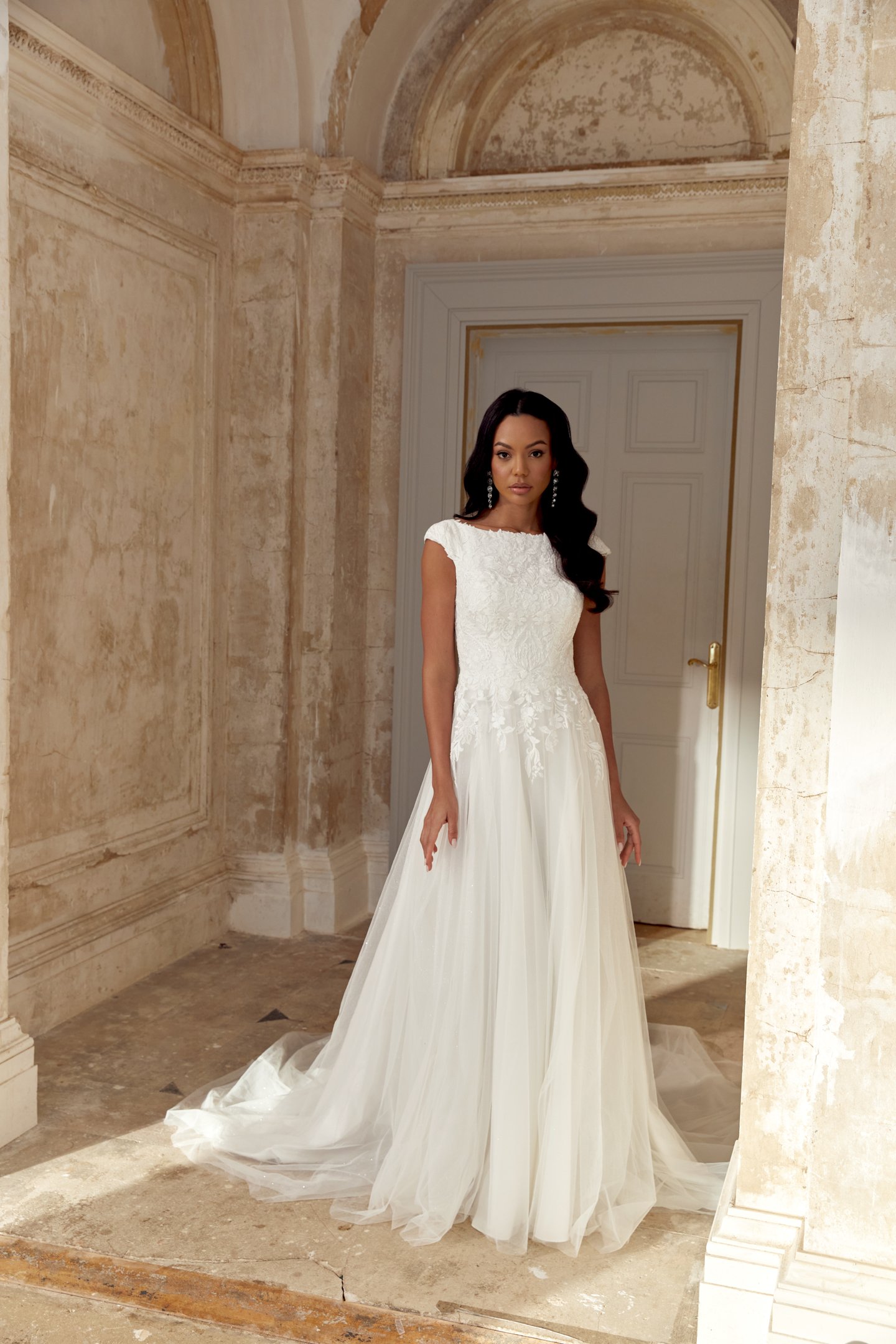 Sincerity Bridal Style 44538 Sparkling A-Line Gown with Sabrina Neckline and Cap Sleeves