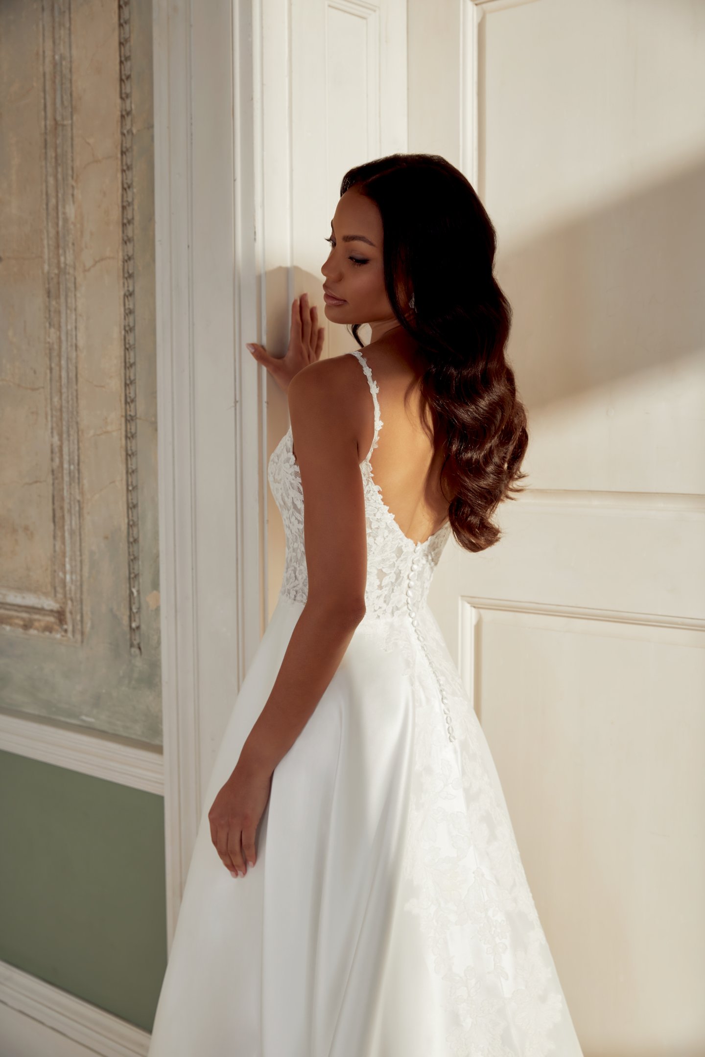 Sincerity Bridal Style 44539 Mikado A-Line Gown with Matte Corded Lace Bodice and Side V Cut-Outs