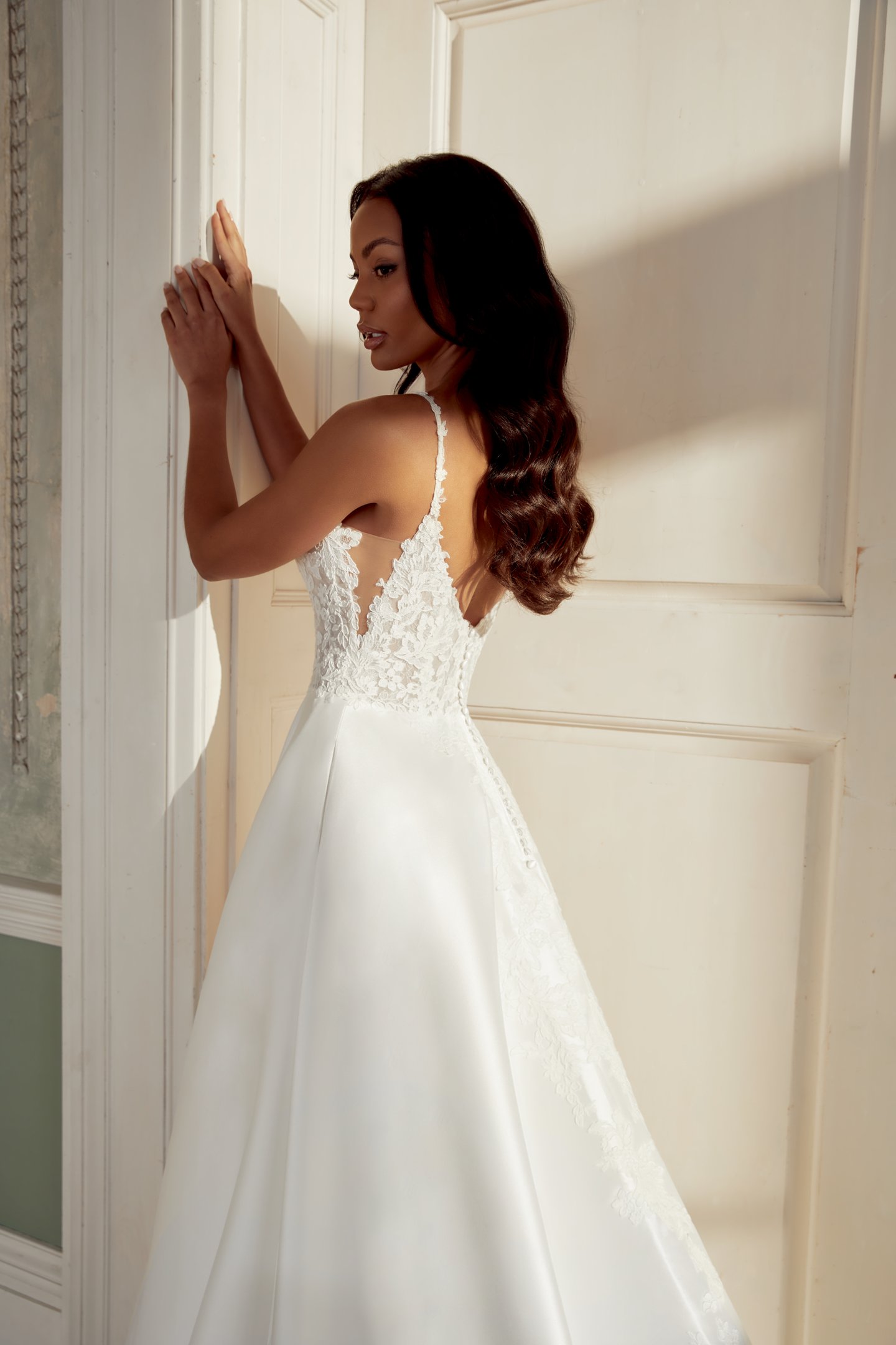 Sincerity Bridal Style 44539 Mikado A-Line Gown with Matte Corded Lace Bodice and Side V Cut-Outs