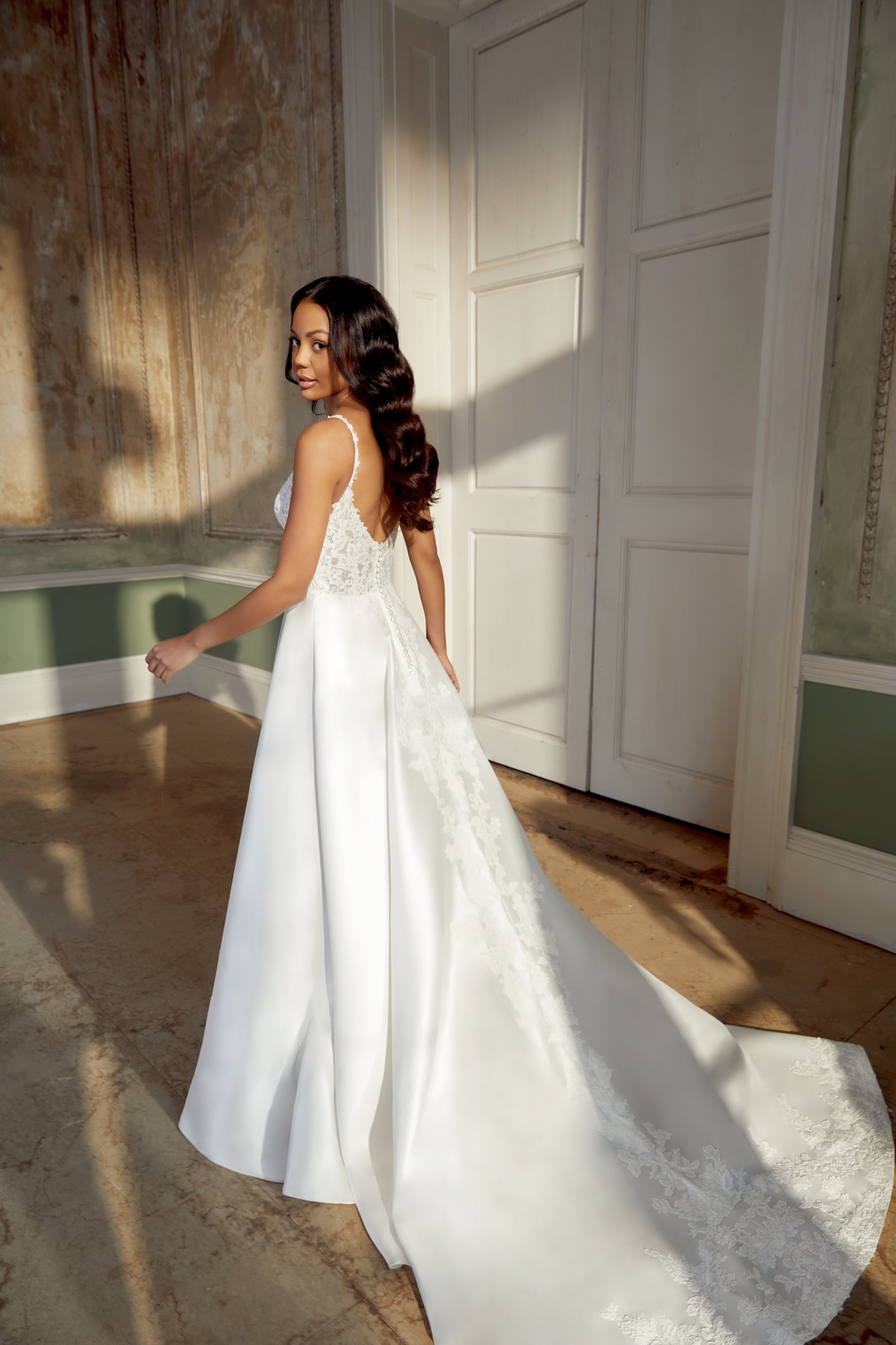Sincerity Bridal Style 44539 Mikado A-Line Gown with Matte Corded Lace Bodice and Side V Cut-Outs