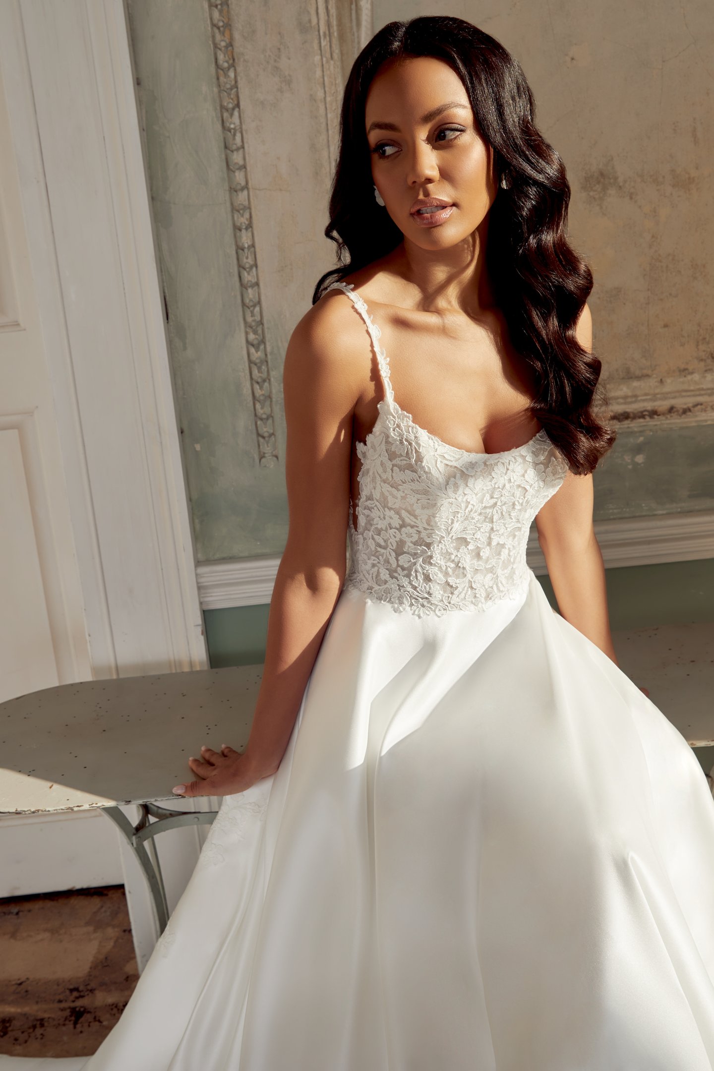 Sincerity Bridal Style 44539 Mikado A-Line Gown with Matte Corded Lace Bodice and Side V Cut-Outs