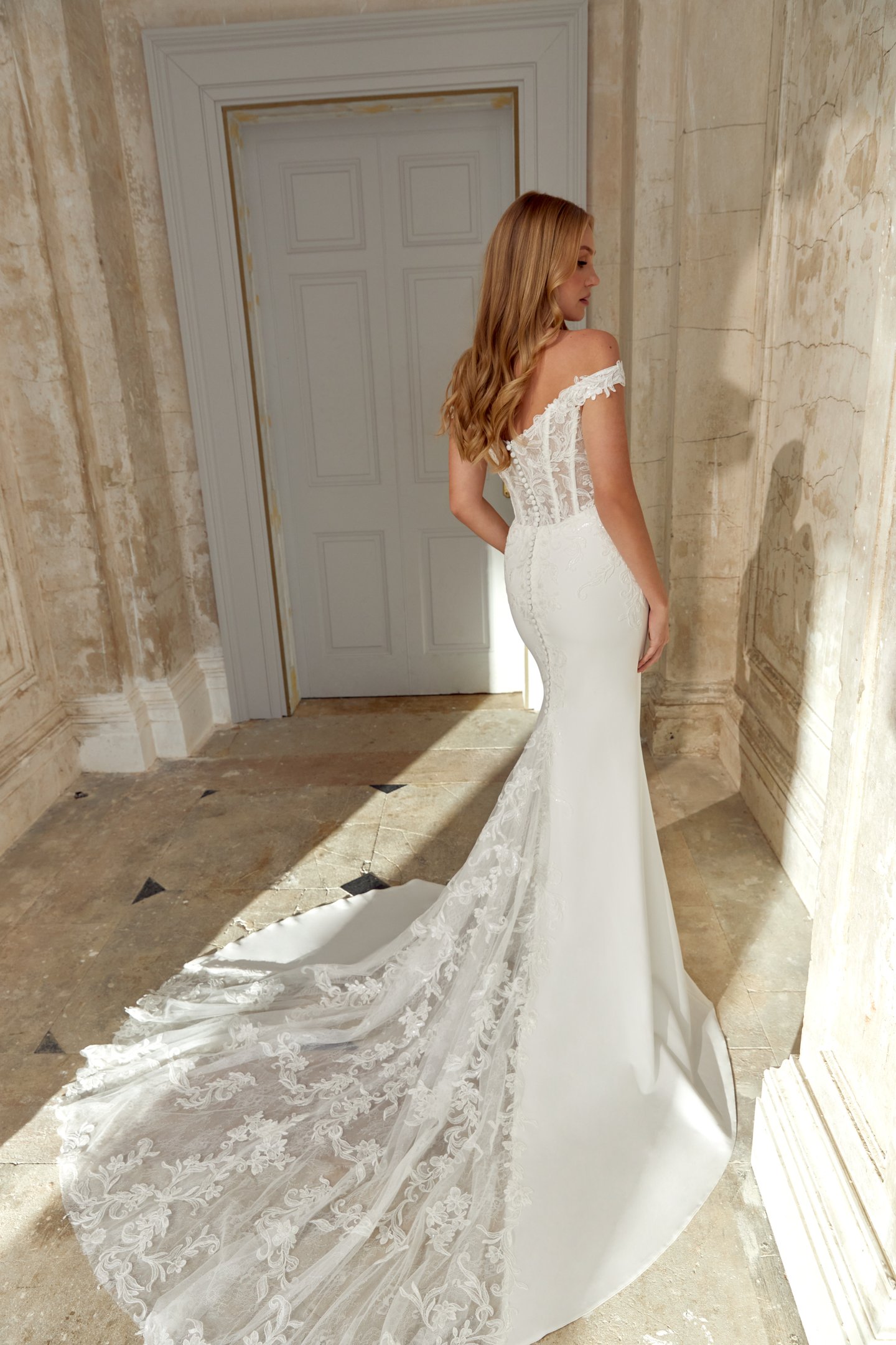 Sincerity Bridal Style 44540 Stretch Crepe Fit and Flare Gown with Sequined Lace Appliqués