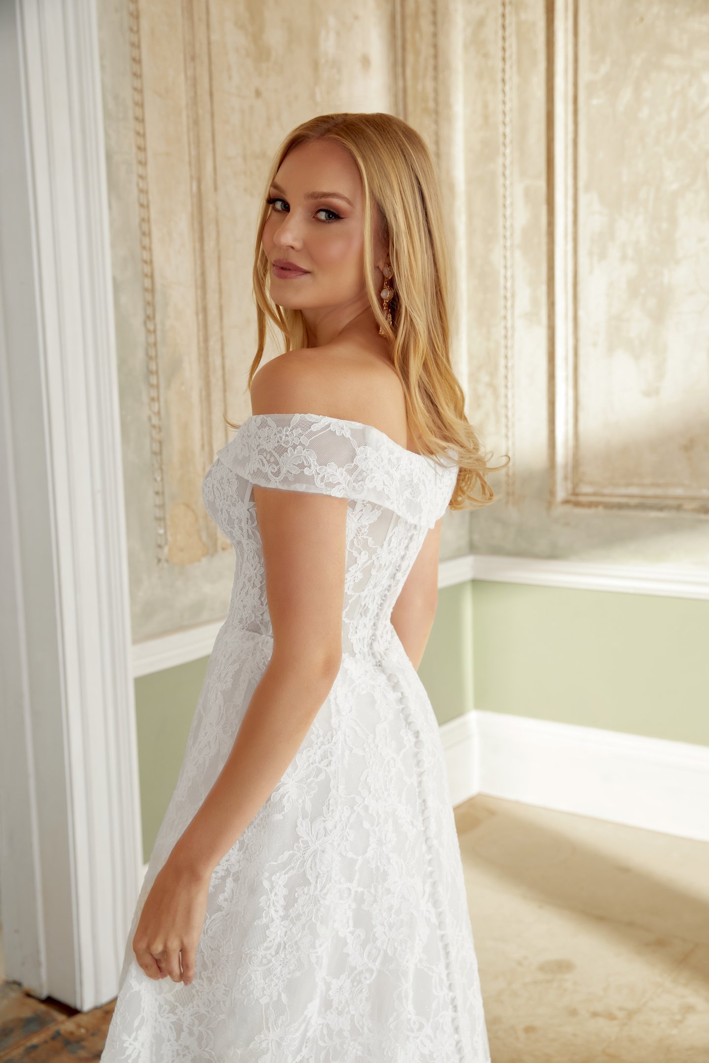 Sincerity Bridal Style 44541 Allover Lace A-Line Gown with Plunging Off-the-Shoulder Neckline
