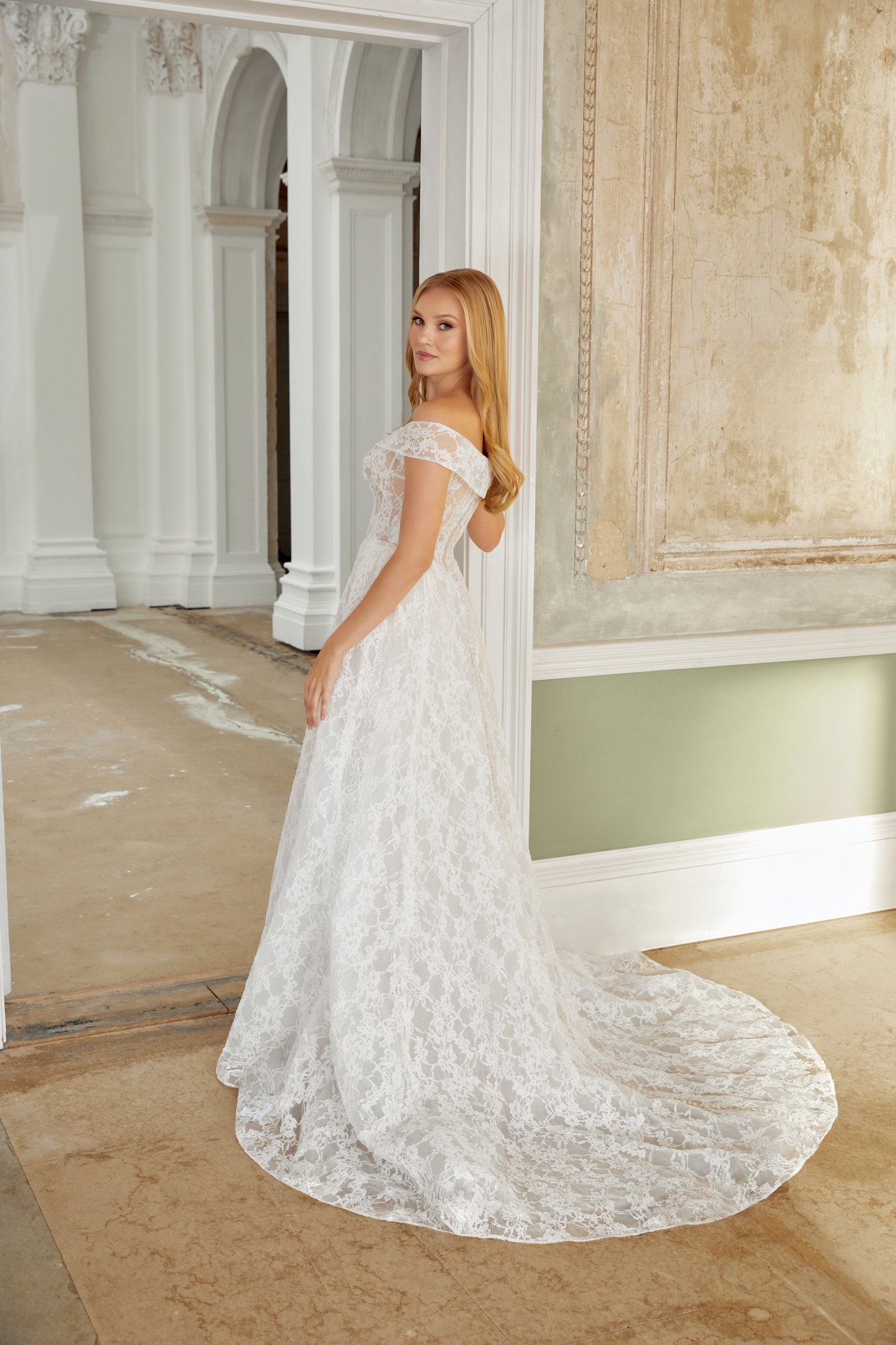 Sincerity Bridal Style 44541 Allover Lace A-Line Gown with Plunging Off-the-Shoulder Neckline