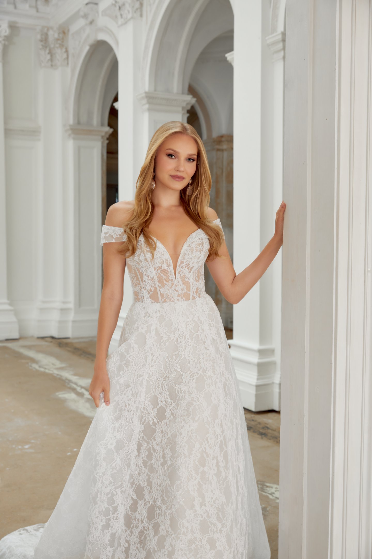 Sincerity Bridal Style 44541 Allover Lace A-Line Gown with Plunging Off-the-Shoulder Neckline