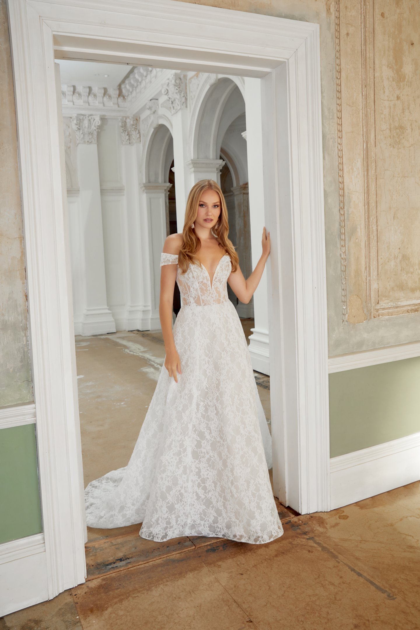 Sincerity Bridal Style 44541 Allover Lace A-Line Gown with Plunging Off-the-Shoulder Neckline
