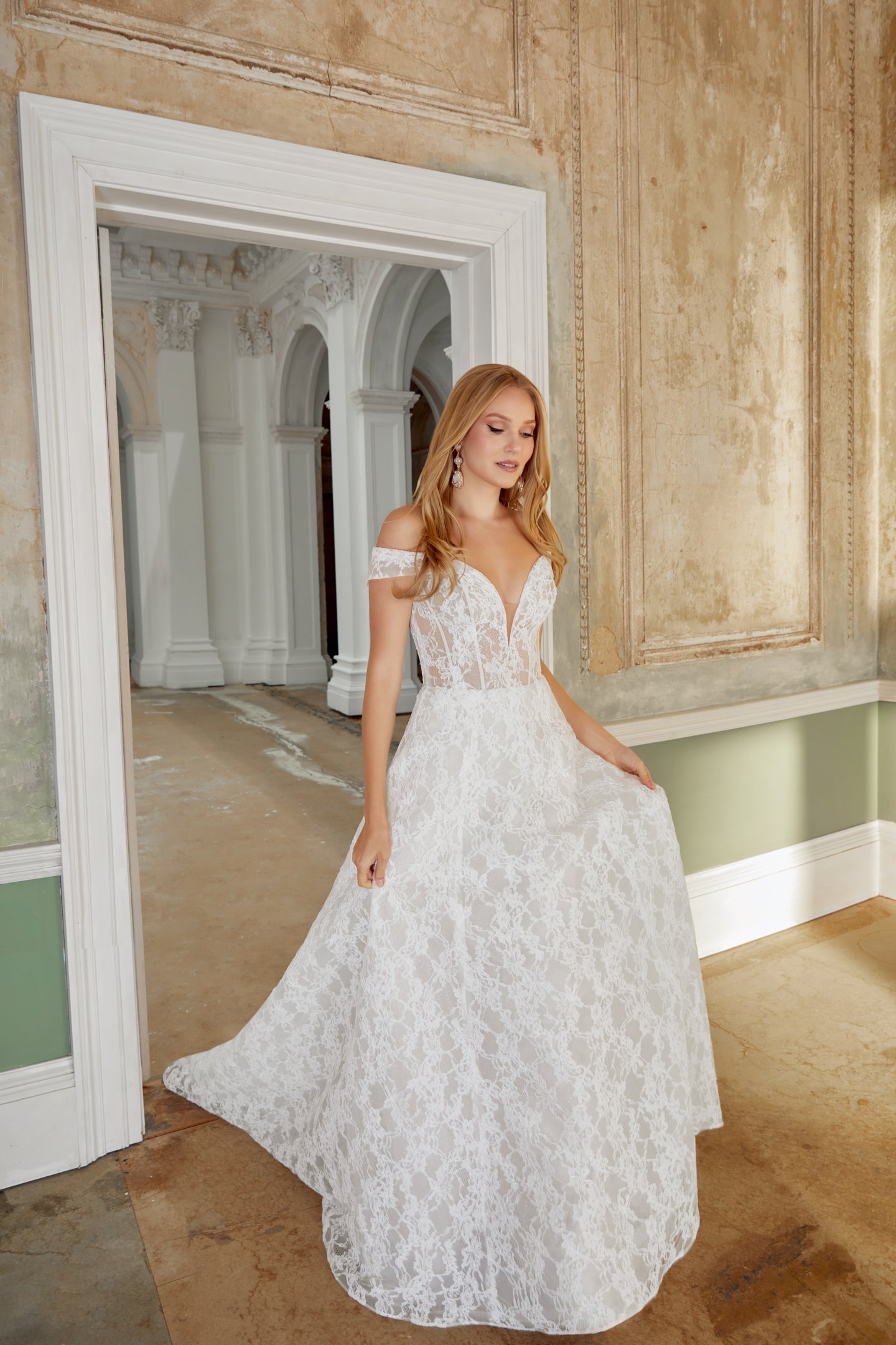 Sincerity Bridal Style 44541 Allover Lace A-Line Gown with Plunging Off-the-Shoulder Neckline
