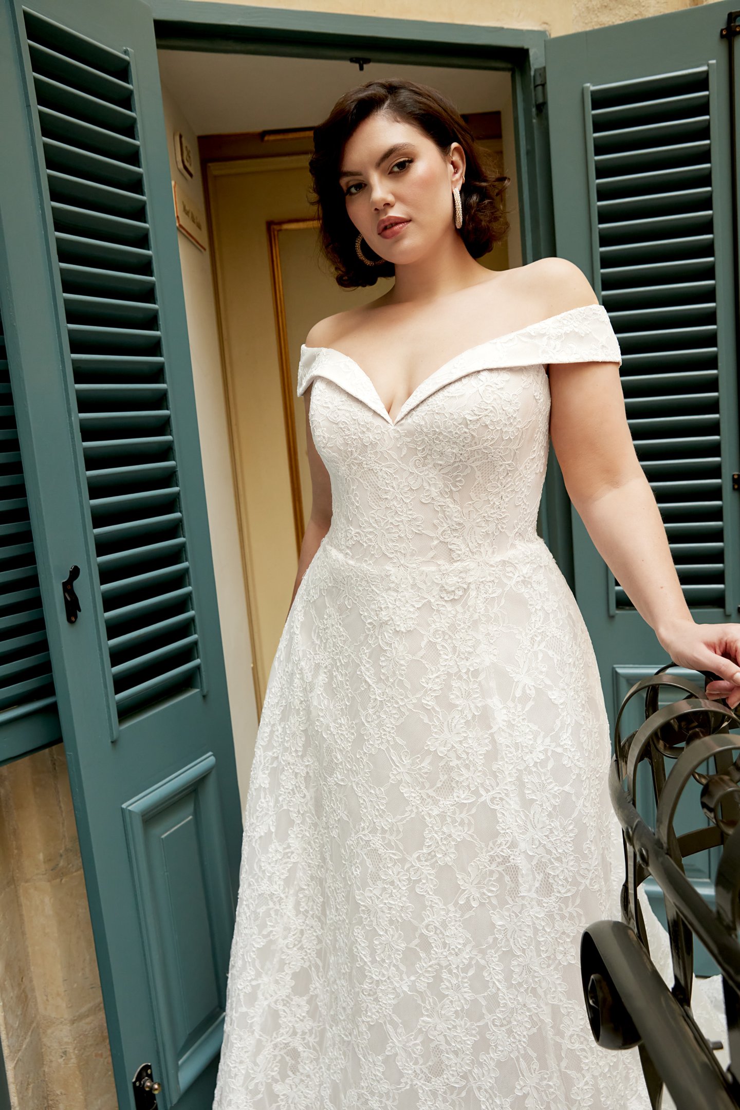 Sincerity Bridal Style 44541PS Allover Lace A-Line Plus Size Gown with Plunging Off-the-Shoulder Neckline