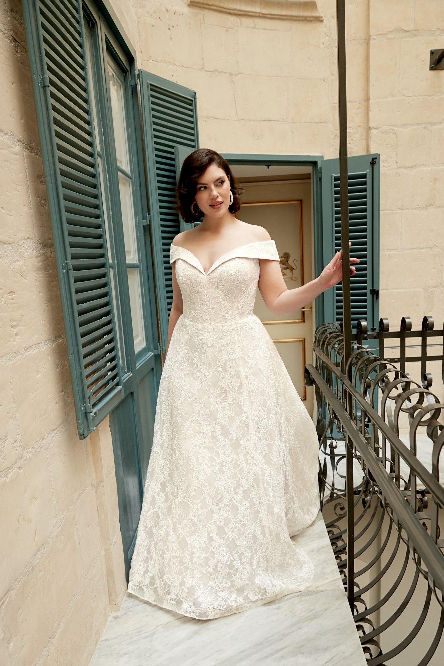 Sincerity Bridal Style 44541PS Allover Lace A-Line Plus Size Gown with Plunging Off-the-Shoulder Neckline