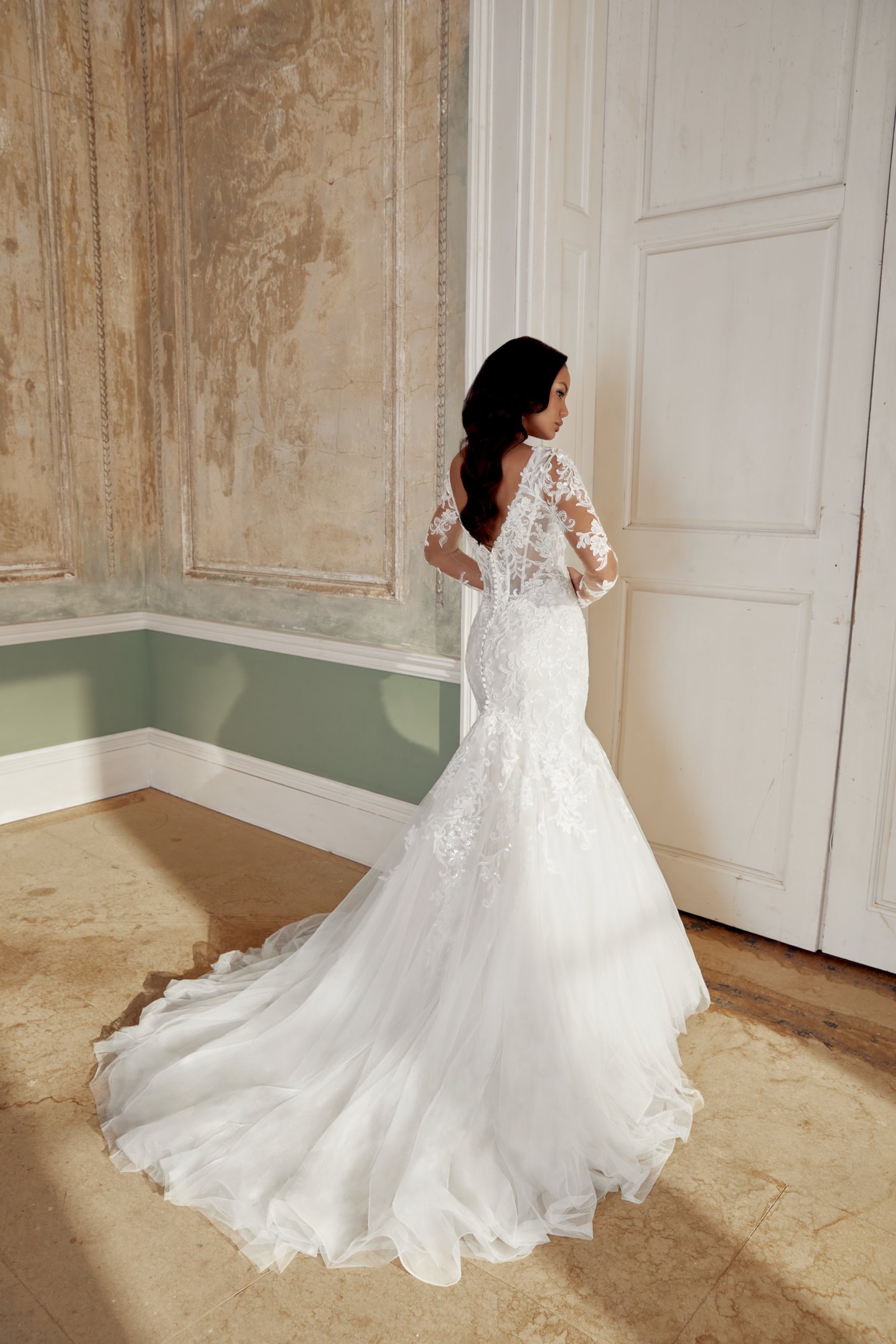 Sincerity Bridal Style 44542 Tulle Mermaid Gown with Sequined Lace Appliqués and Basque Waist