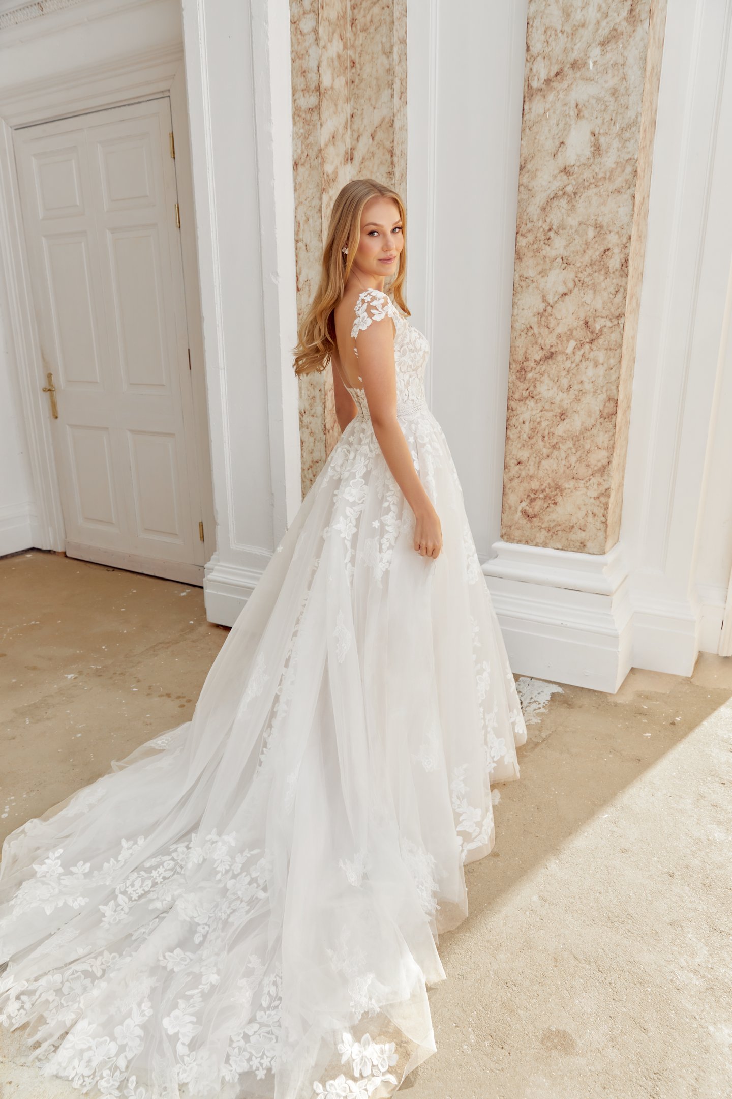 Sincerity Bridal Style 44543 A-Line Tulle Gown with Illusion Sabrina Neckline and Cap Sleeves