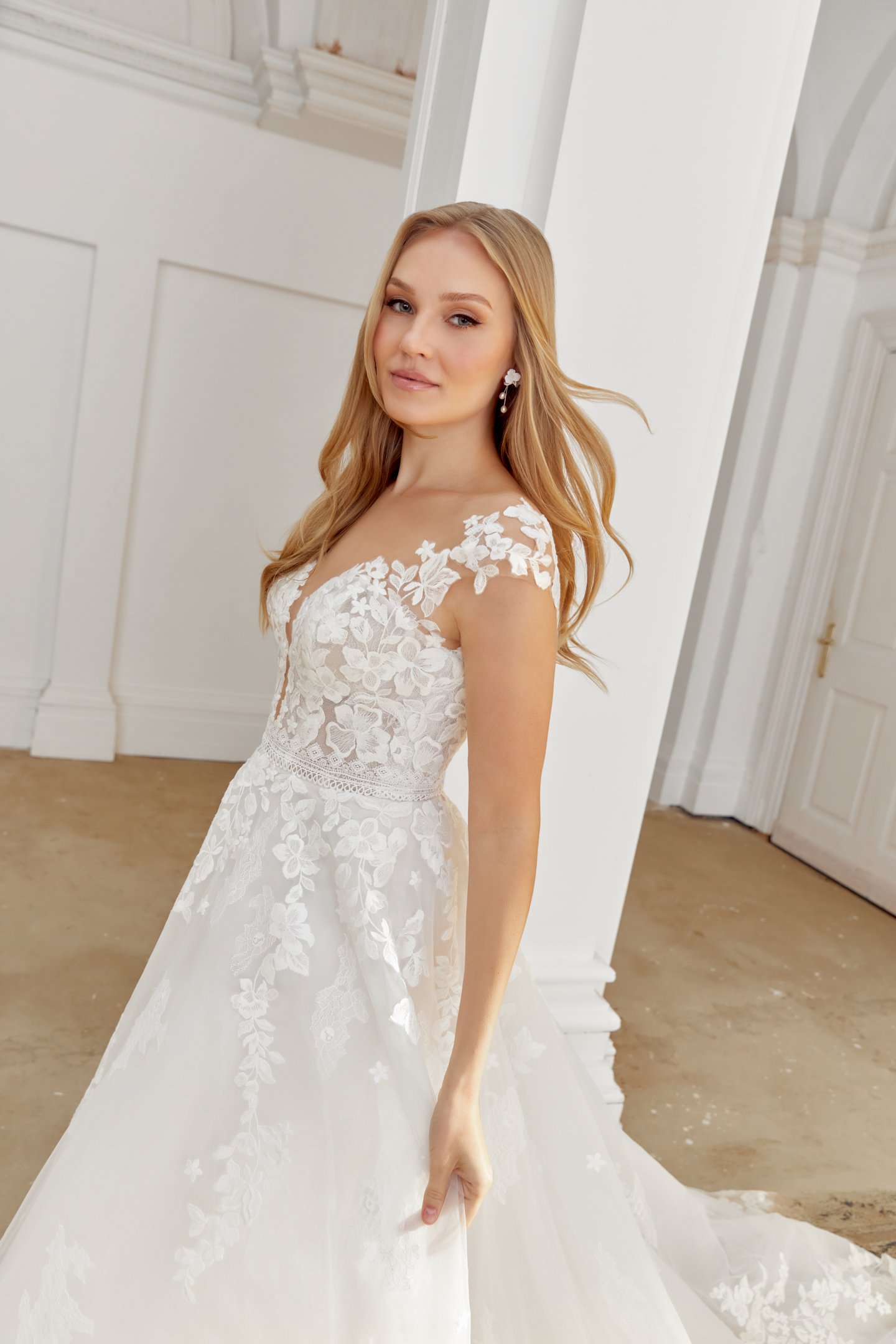 Sincerity Bridal Style 44543 A-Line Tulle Gown with Illusion Sabrina Neckline and Cap Sleeves