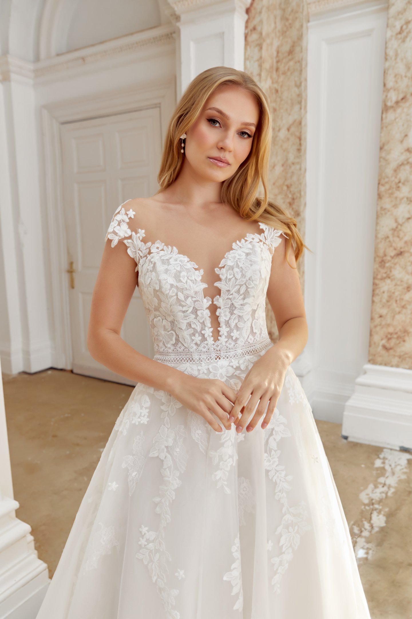 Sincerity Bridal Style 44543 A-Line Tulle Gown with Illusion Sabrina Neckline and Cap Sleeves