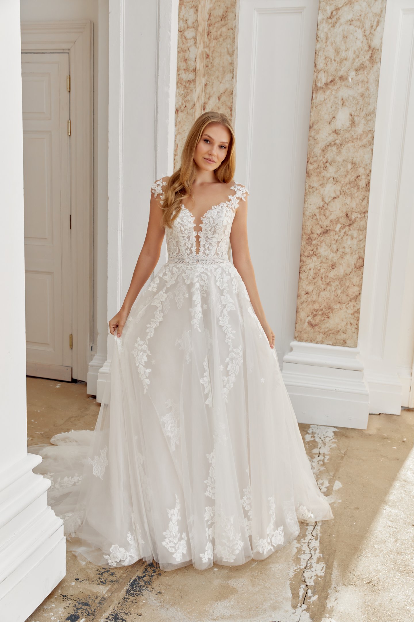 Sincerity Bridal Style 44543 A-Line Tulle Gown with Illusion Sabrina Neckline and Cap Sleeves