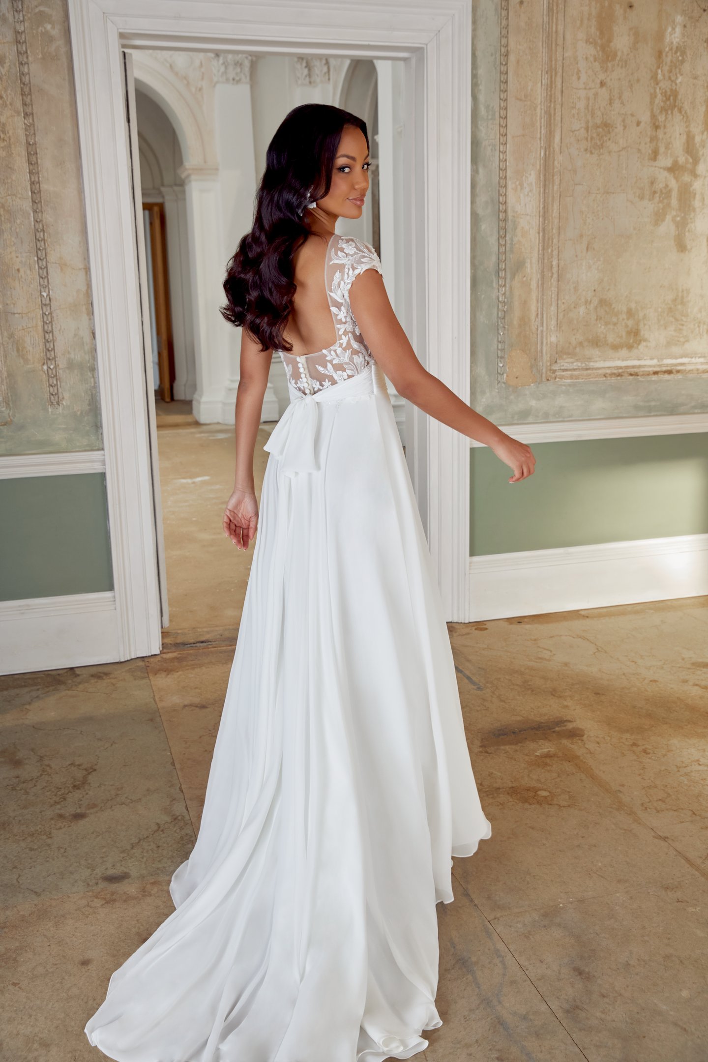 Sincerity Bridal Style 44545 Chiffon A-Line Gown with Illusion Sabrina Neckline and Cap Sleeves