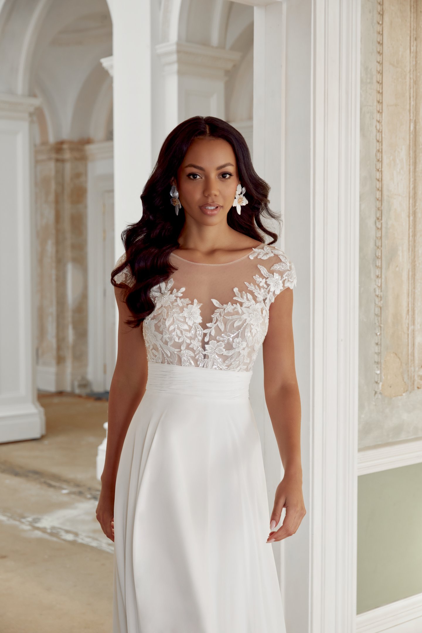 Sincerity Bridal Style 44545 Chiffon A-Line Gown with Illusion Sabrina Neckline and Cap Sleeves
