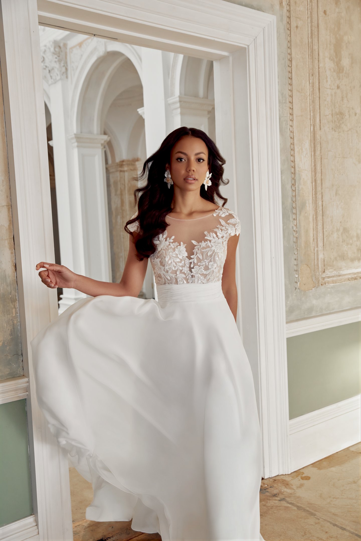 Sincerity Bridal Style 44545 Chiffon A-Line Gown with Illusion Sabrina Neckline and Cap Sleeves