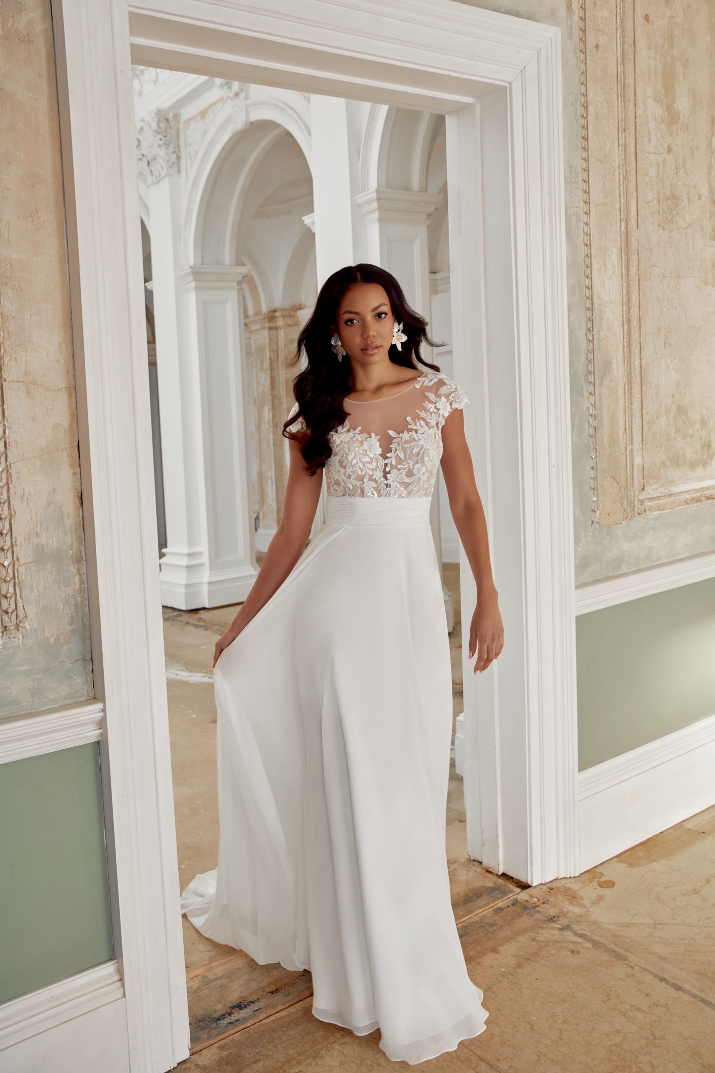 Sincerity Bridal Style 44545 Chiffon A-Line Gown with Illusion Sabrina Neckline and Cap Sleeves