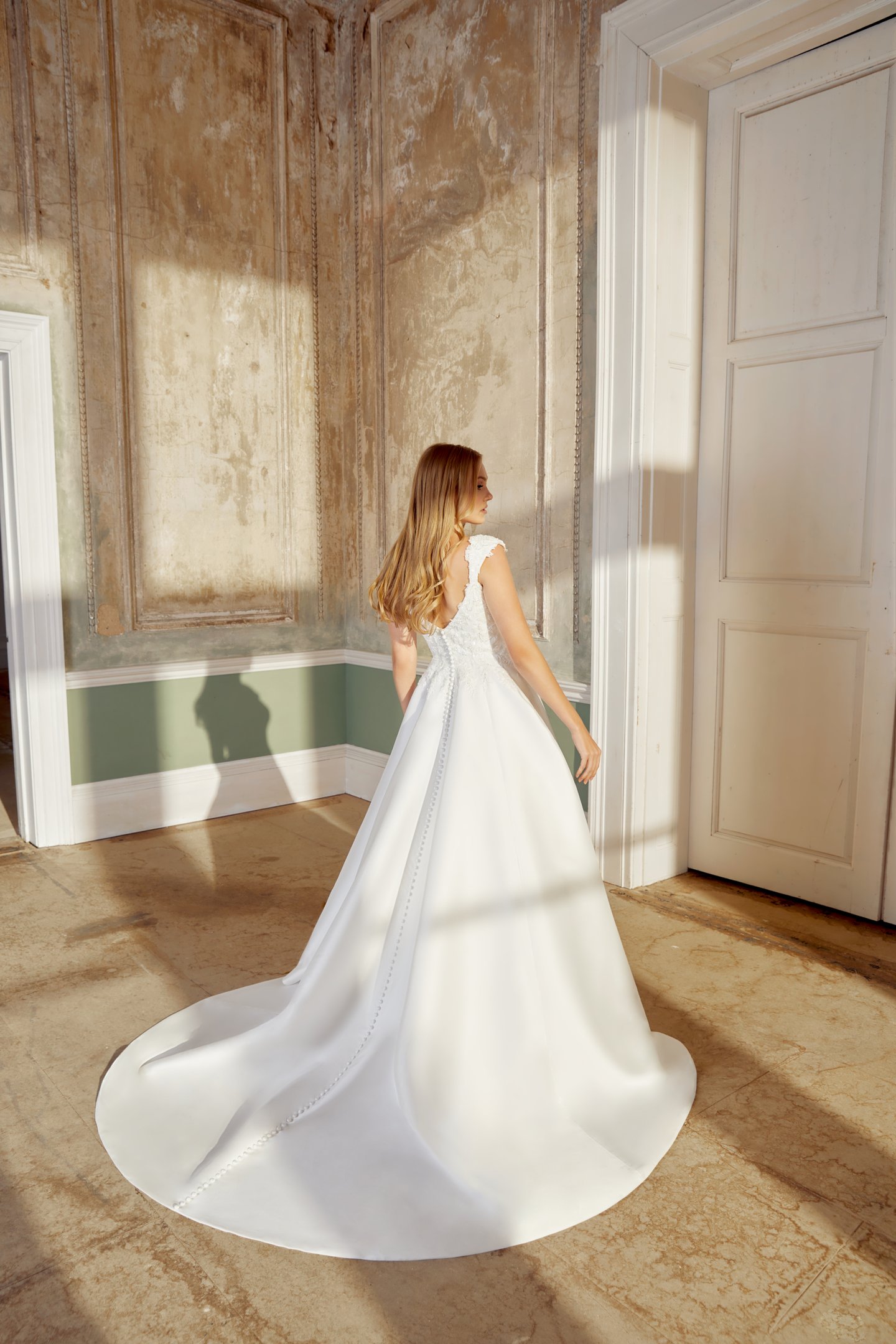 Sincerity Bridal Style 44547 Mikado Ballgown with V-Neckline and Cap Sleeves with Lace Appliqués