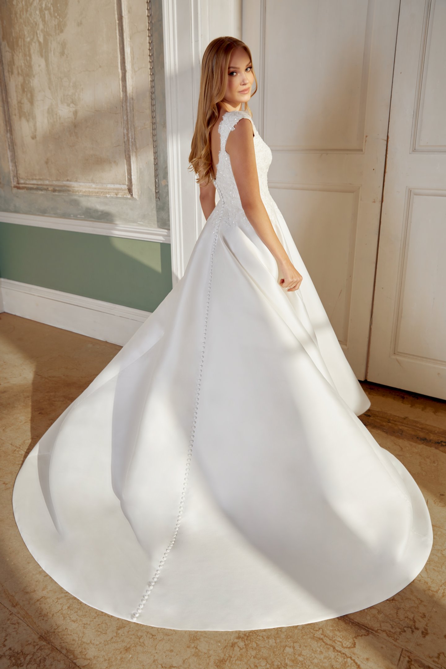 Sincerity Bridal Style 44547 Mikado Ballgown with V-Neckline and Cap Sleeves with Lace Appliqués