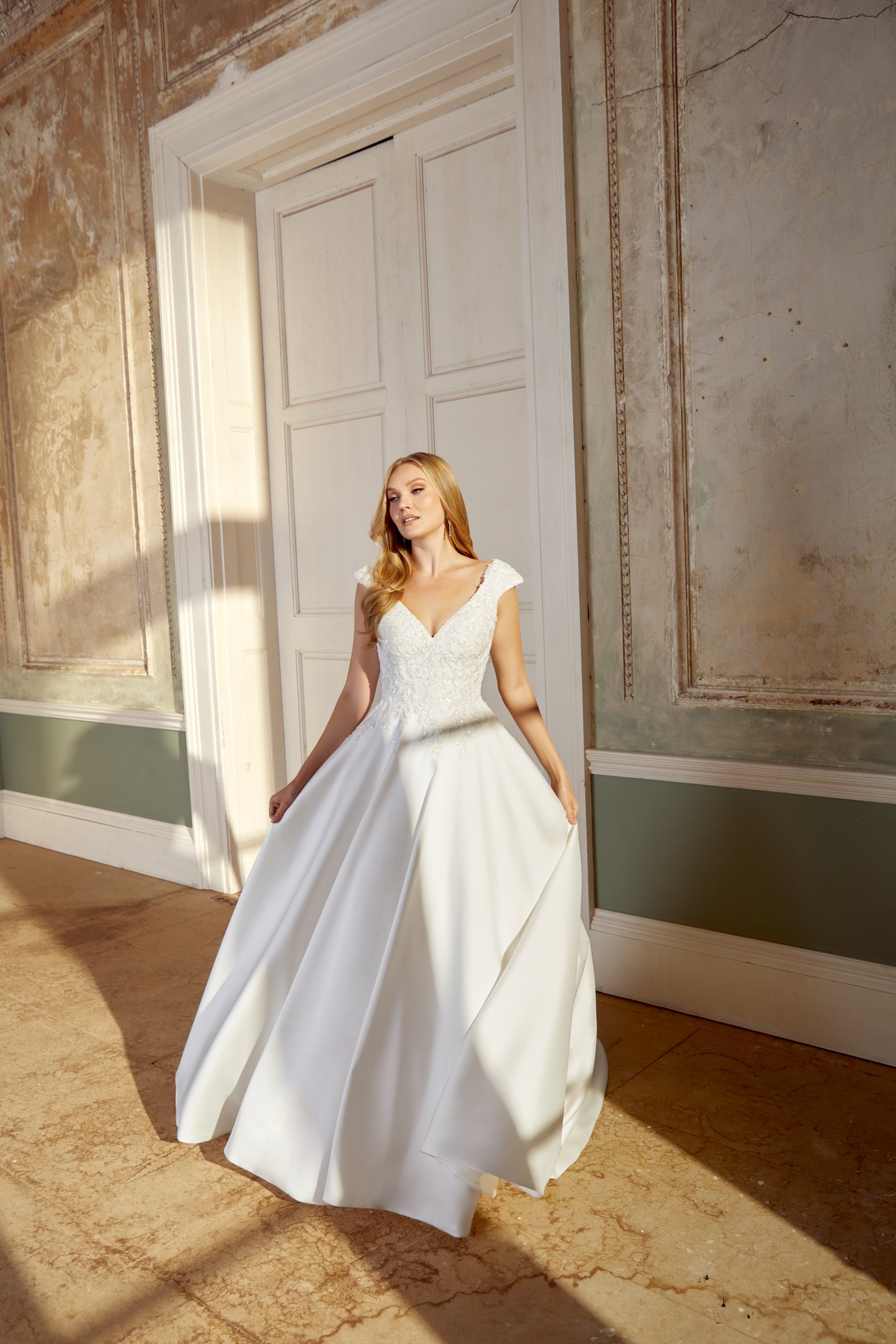 Sincerity Bridal Style 44547 Mikado Ballgown with V-Neckline and Cap Sleeves with Lace Appliqués