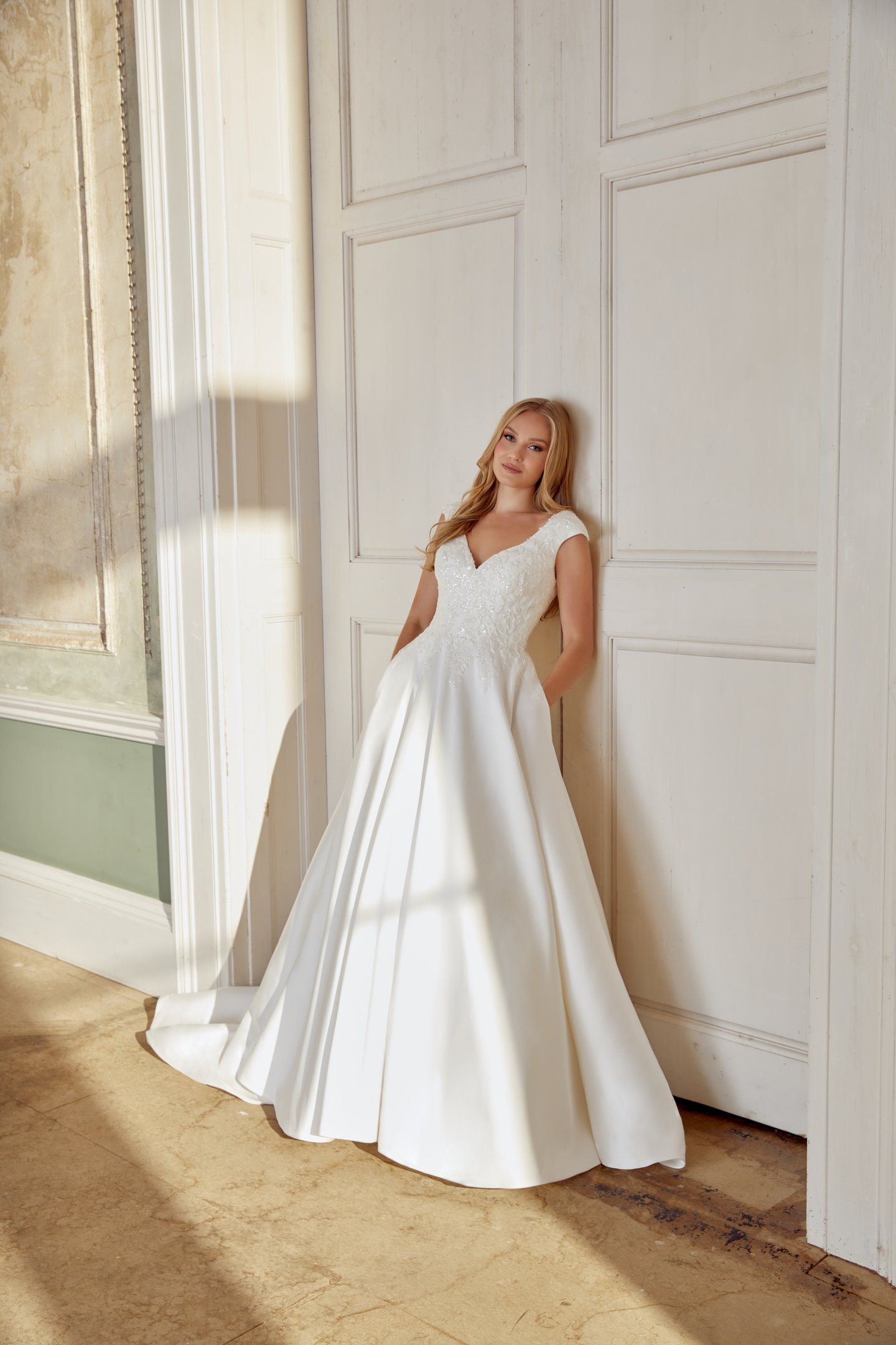 Sincerity Bridal Style 44547 Mikado Ballgown with V-Neckline and Cap Sleeves with Lace Appliqués