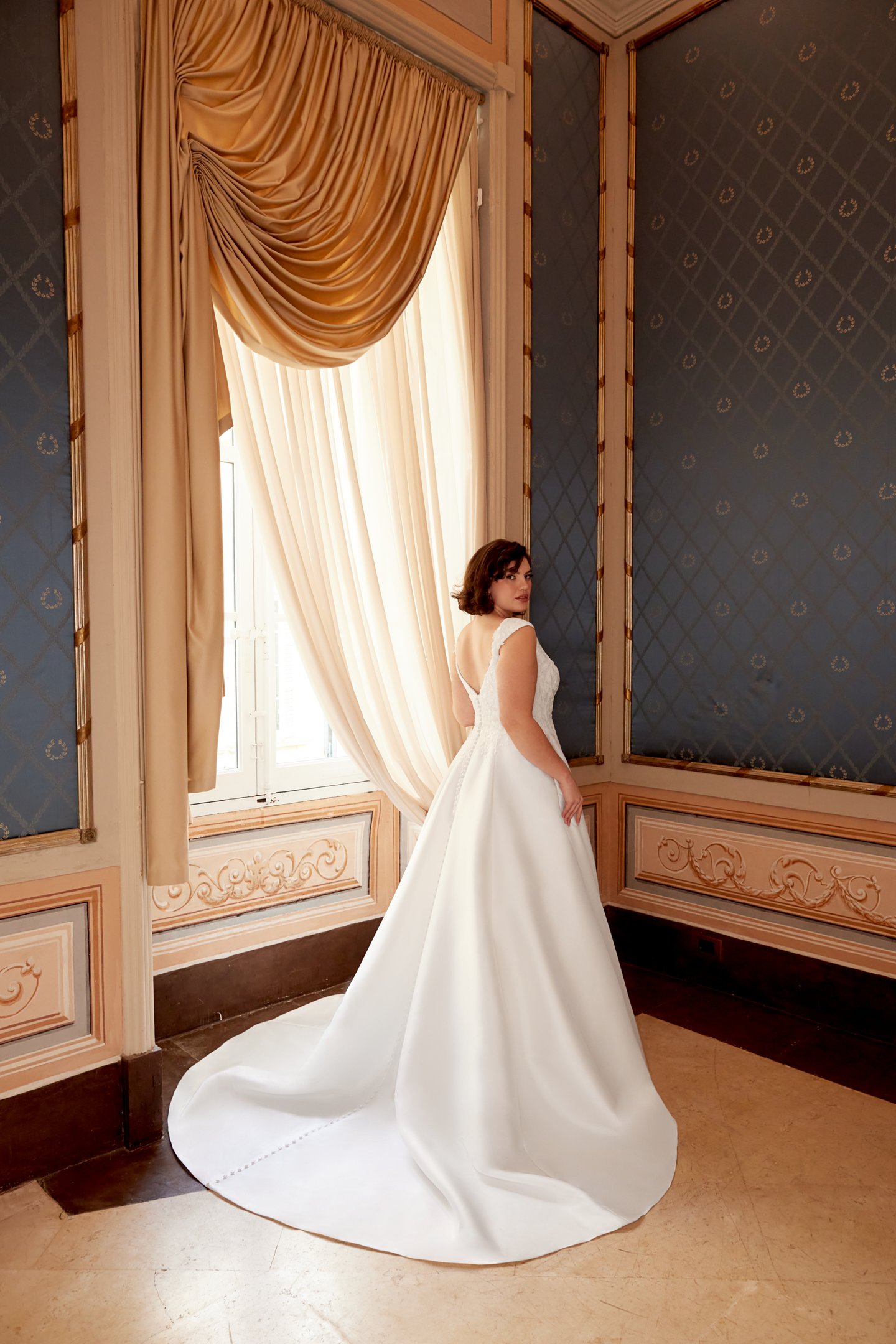 Sincerity Bridal Style 44547PS Plus Size Mikado Ballgown with V-Neckline and Cap Sleeves with Lace Appliqués